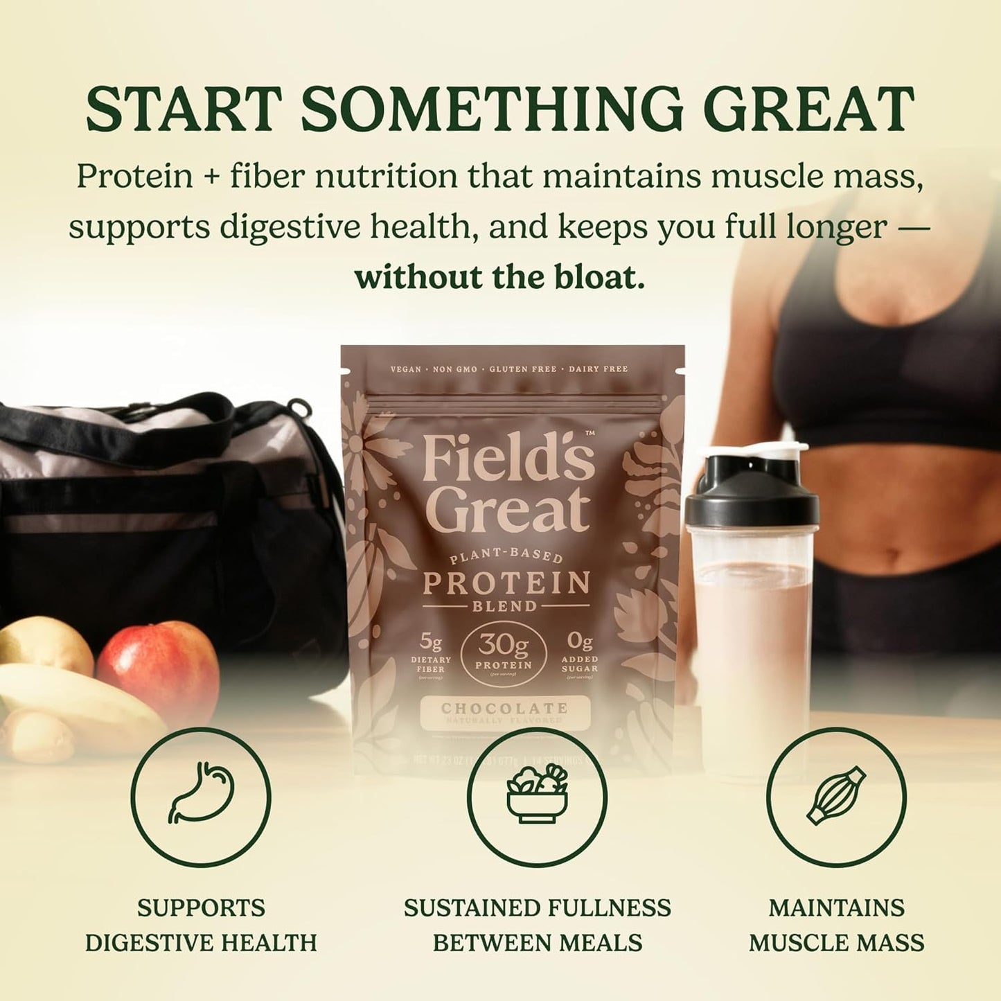 Field's Great Plant-Based Protein with Fiber Protein Powder, Chocolate, 6.8 oz (Pack of 4)
