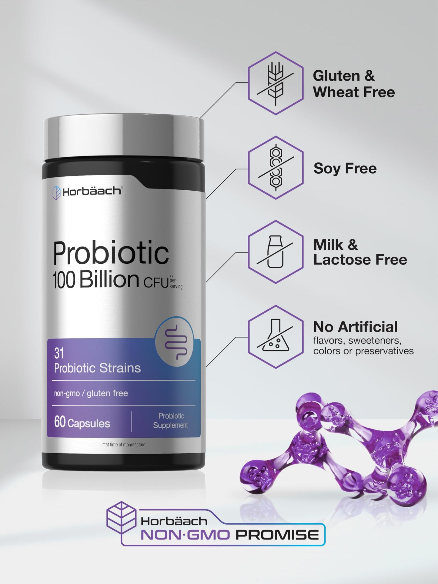 Horbäach Probiotic 100 Billion CFU, 31 Probiotic Strains Capsules, 60 Count