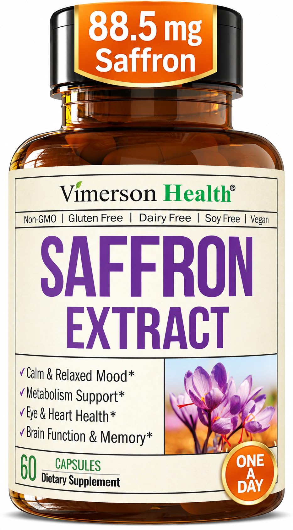 Vimerson Health Pure Saffron Supplements for Women & Men with 88.5mg Saffron Extract – Mood Support & Eye Health, Capsule, 60 Count