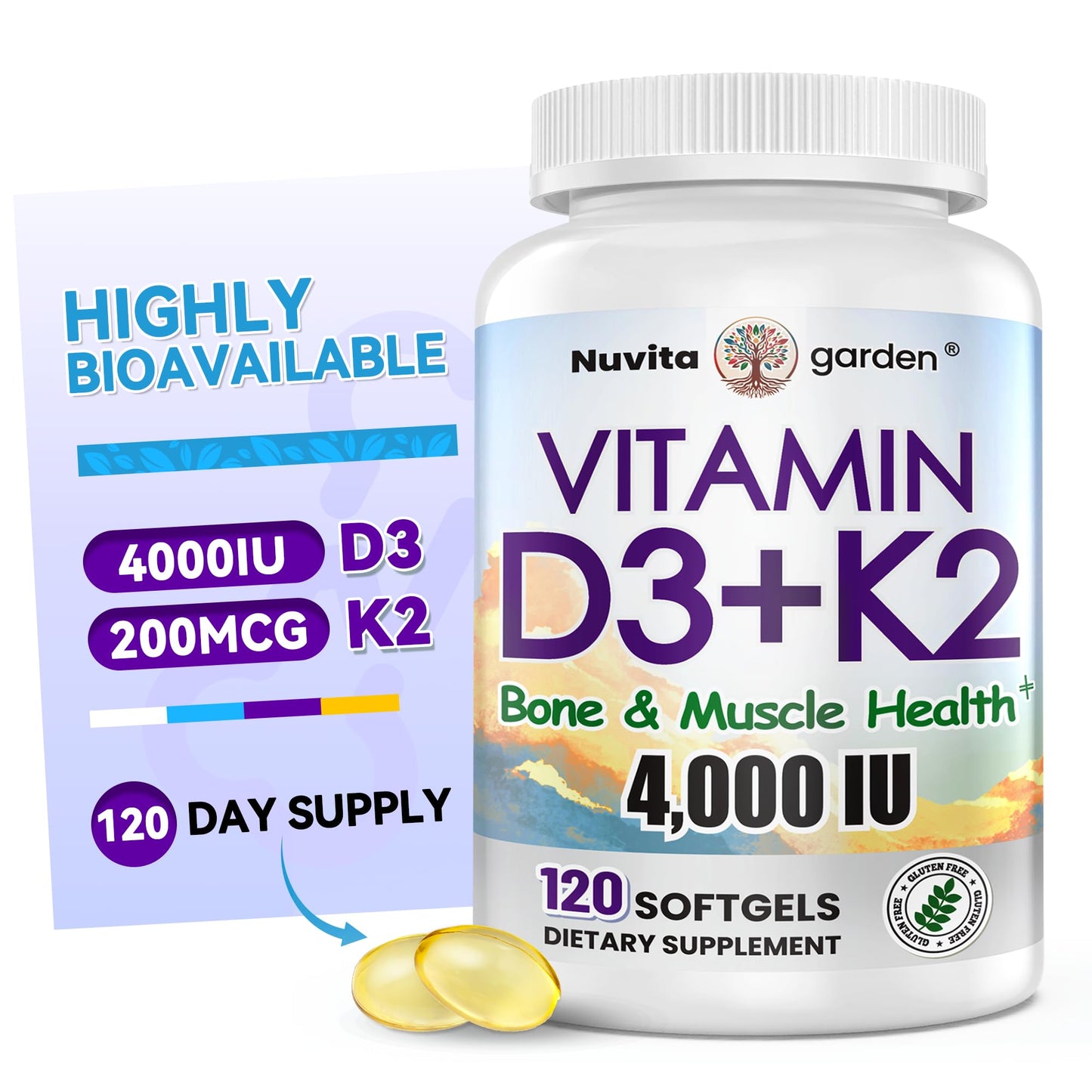NuvitaGarden Vitamin K2 (MK-7) with D3 Softgels, 120 Count