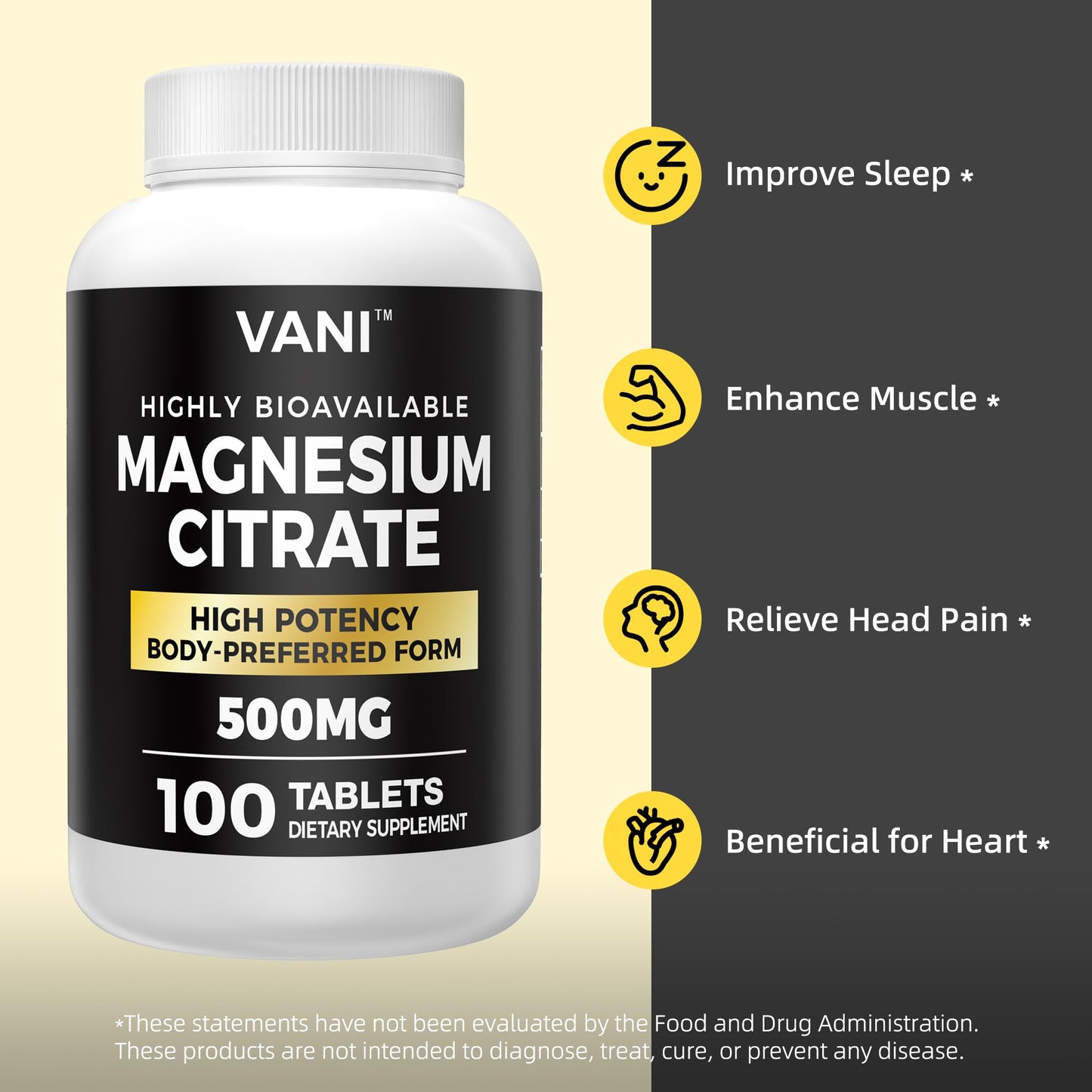VANI Magnesium Citrate 500 mg Tablets, 100 Count