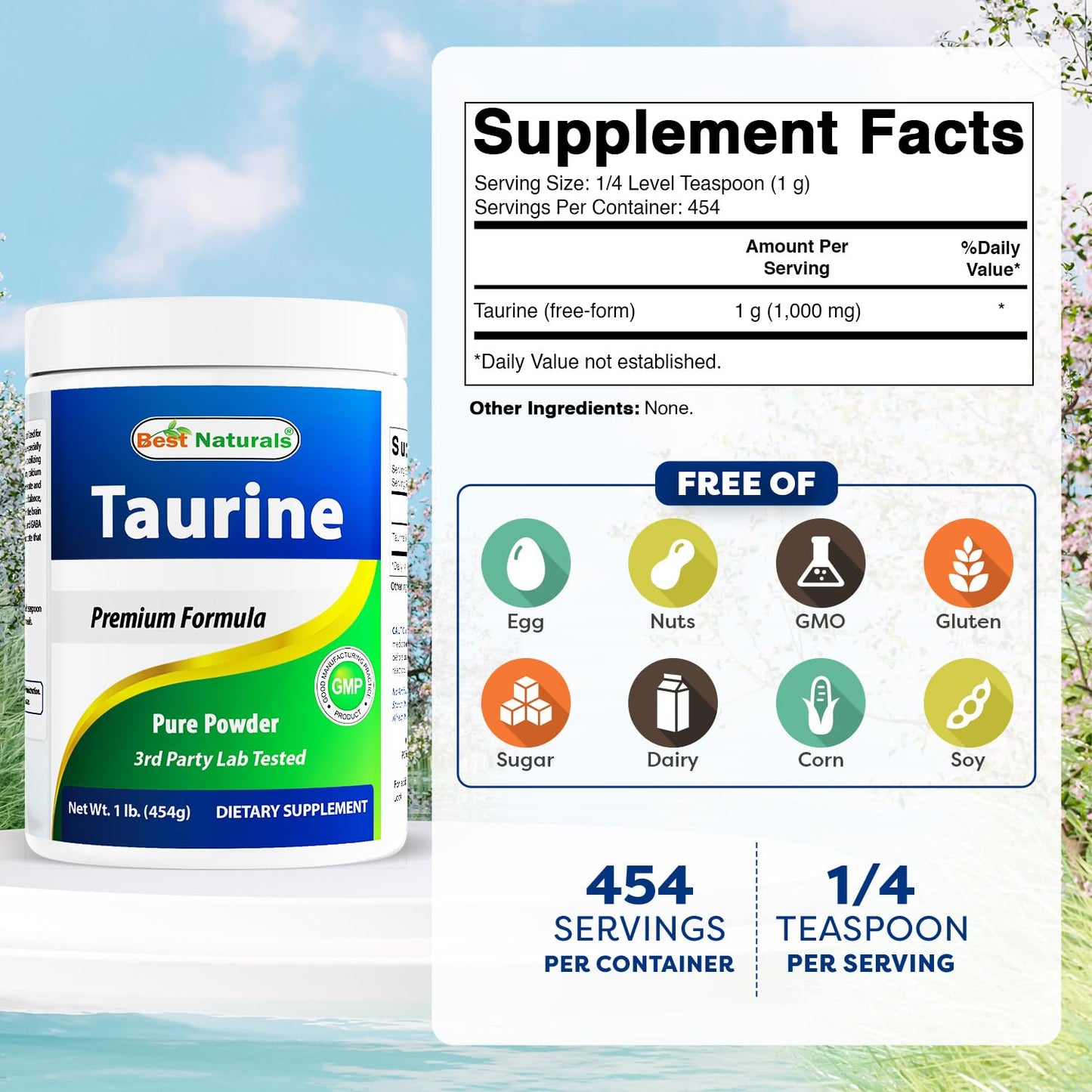 Best Naturals 100% Pure Taurine Powder Free Form - 1000mg per Serving, 16 oz