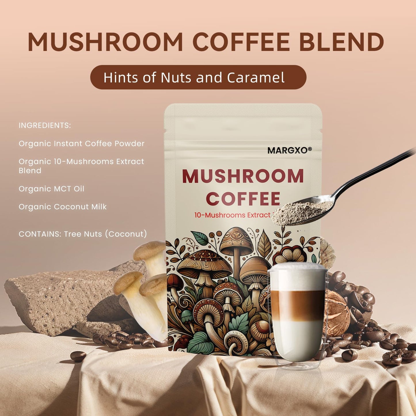 MARGXO Mushroom Coffee 10-Mushrooms Extract Blend Powder 6.35 oz