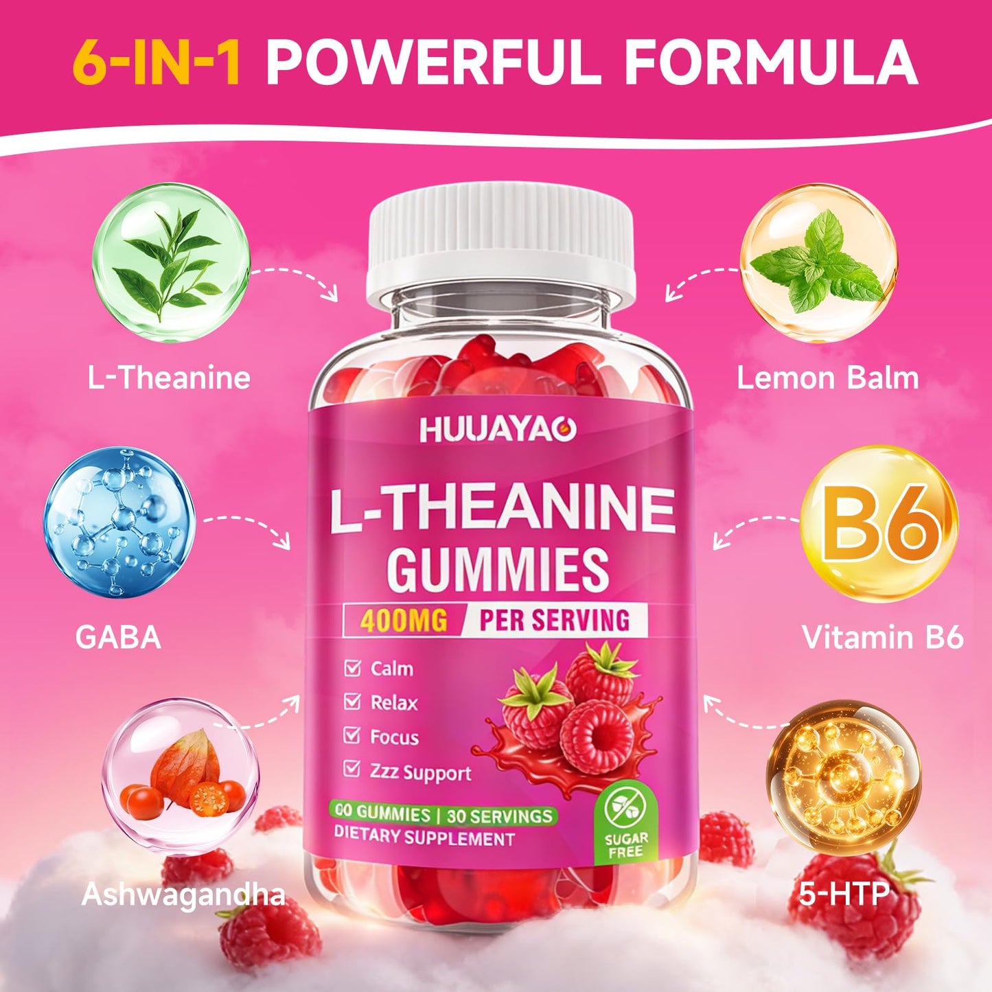 HUUAYAO L-Theanine Gummies 400mg, 60 Count