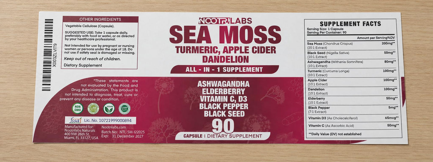 Nootrilabs Naturals All-in-1 Highest Potency Sea Moss, Black Seed, Ashwagandha, Turmeric, Apple Cider Vinegar, Dandelion with Elderberry, Vitamin C & D3 - Immune, Energy Support Supplement 90 Capsules