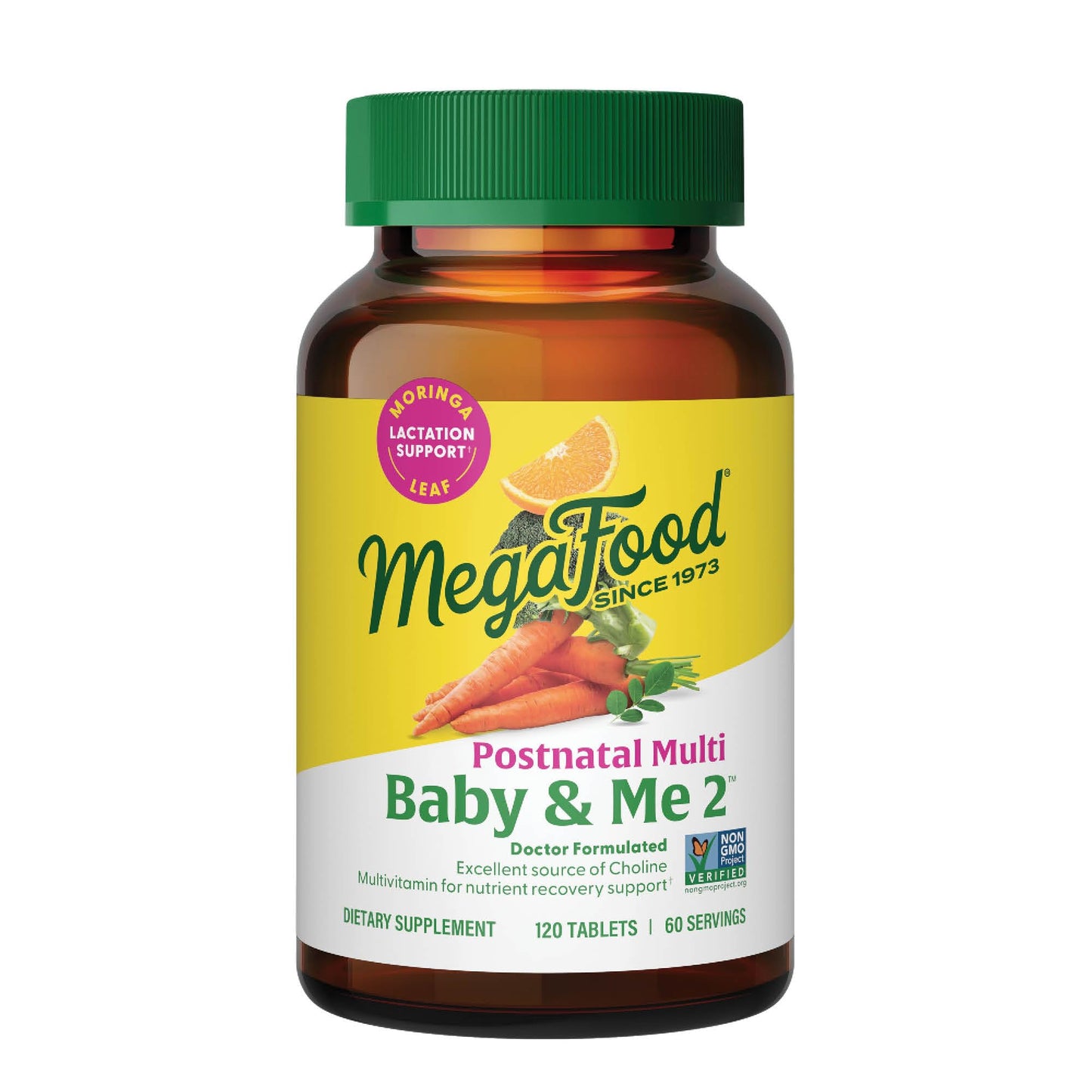 MegaFood Baby & Me 2 Postnatal Vitamins for Women Breastfeeding with Folate (Folic Acid Natural Form), Choline, Iodine, Vitamin D, Moringa Leaf and More, 120 Tablets