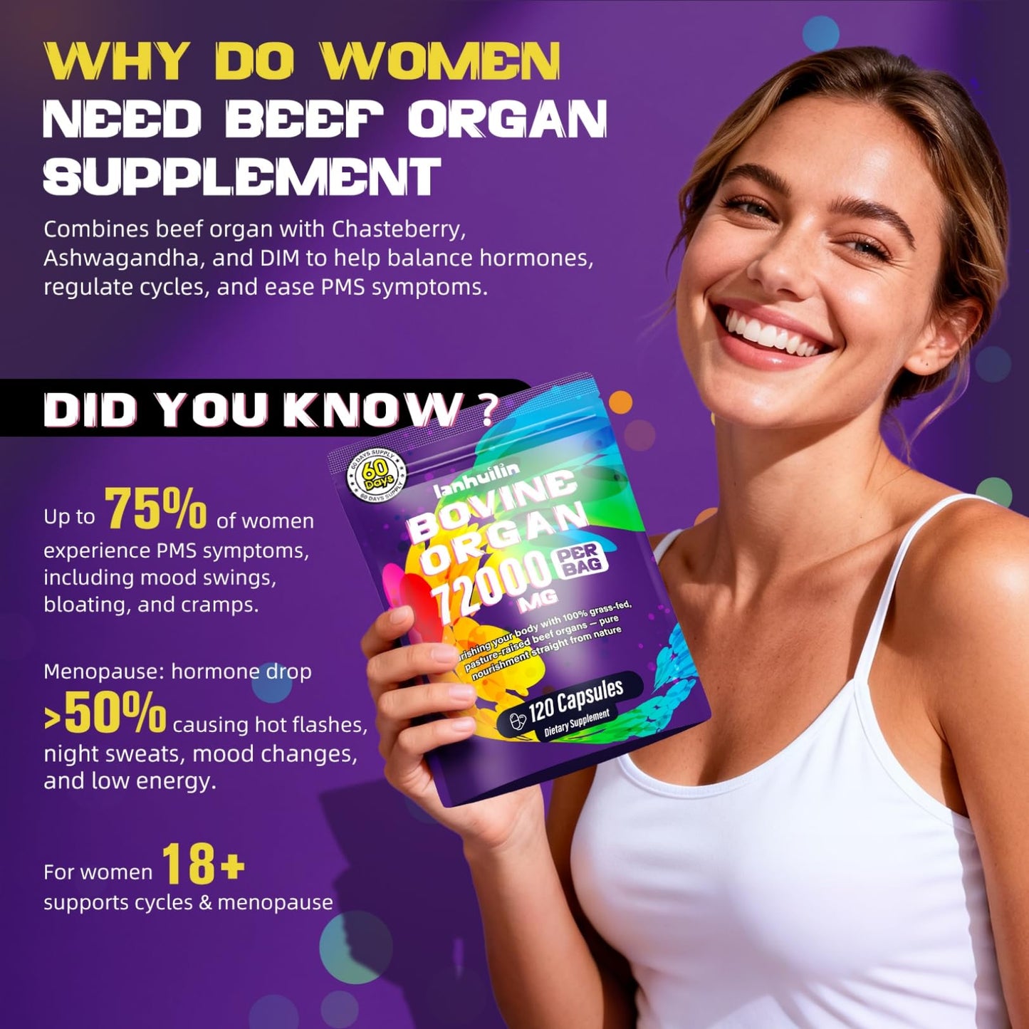 Lanhuilin Beef Organ Supplement for Women - 100% Grass Fed Beef Organs with Bovine Liver, Ovary, Uterus, Kidney, Heart & Fallopian Tubes - PMS, Menopause & Energy, Immune & Mood Support, 120 Capsules