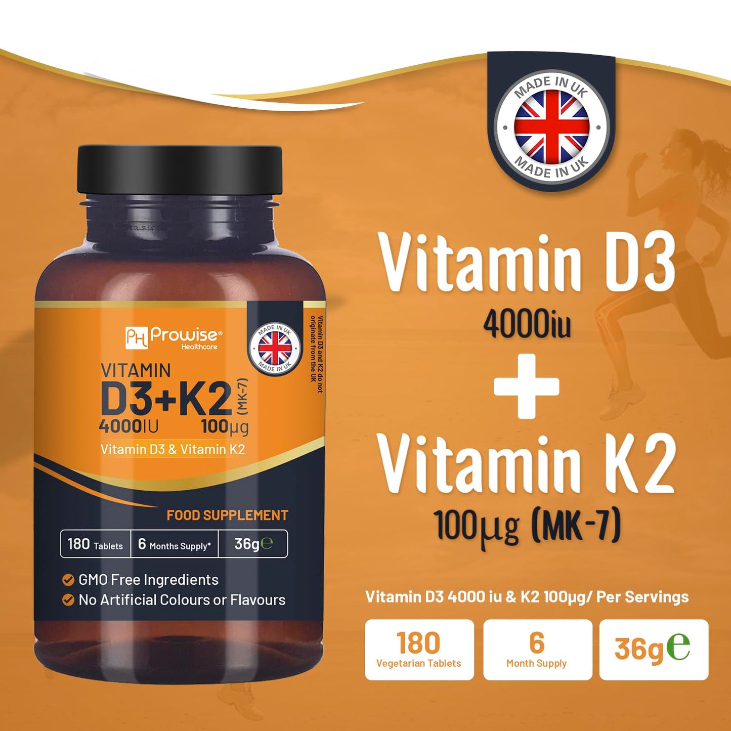 PH PROWISE Healthcare Vitamin D3 4000IU & K2 MK7 100µg, 180 Tablets