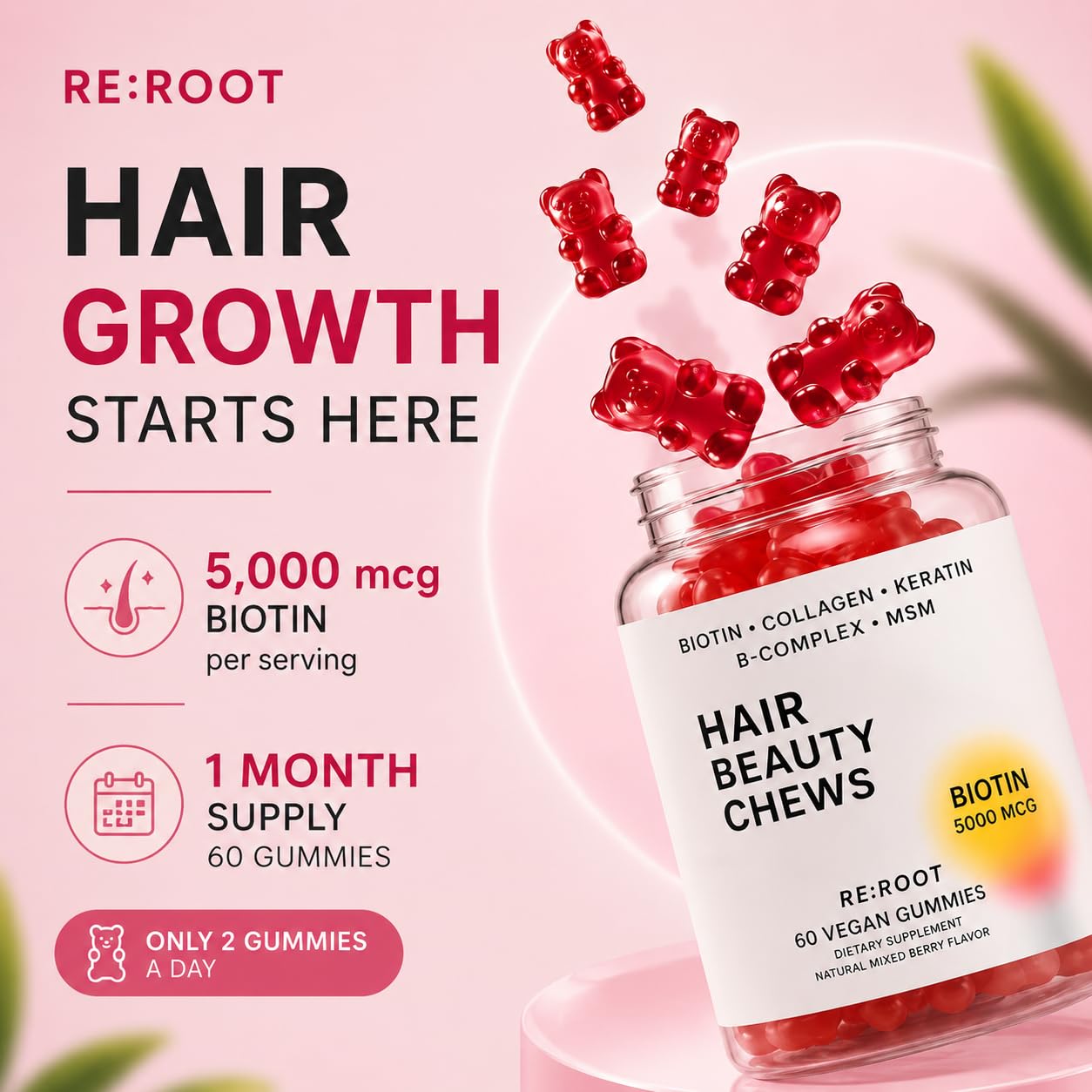 RE:ROOT Hair Growth Gummies – 5,000 mcg Biotin with Collagen, Keratin & MSM – Hair, Skin & Nails Support – 60 Gummies