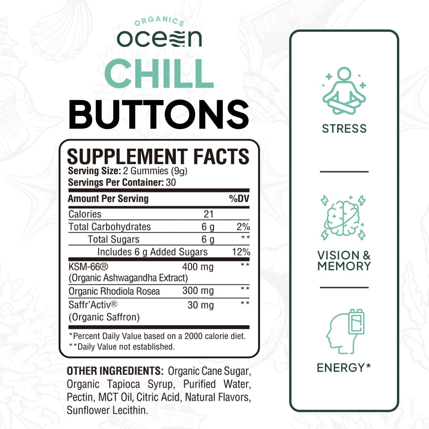 Organics Ocean Chill Buttons Ashwagandha Gummies with Organic KSM-66, Saffron & Rhodiola Rosea - Supports Relaxation, Mood, Focus & Energy, 27 Count