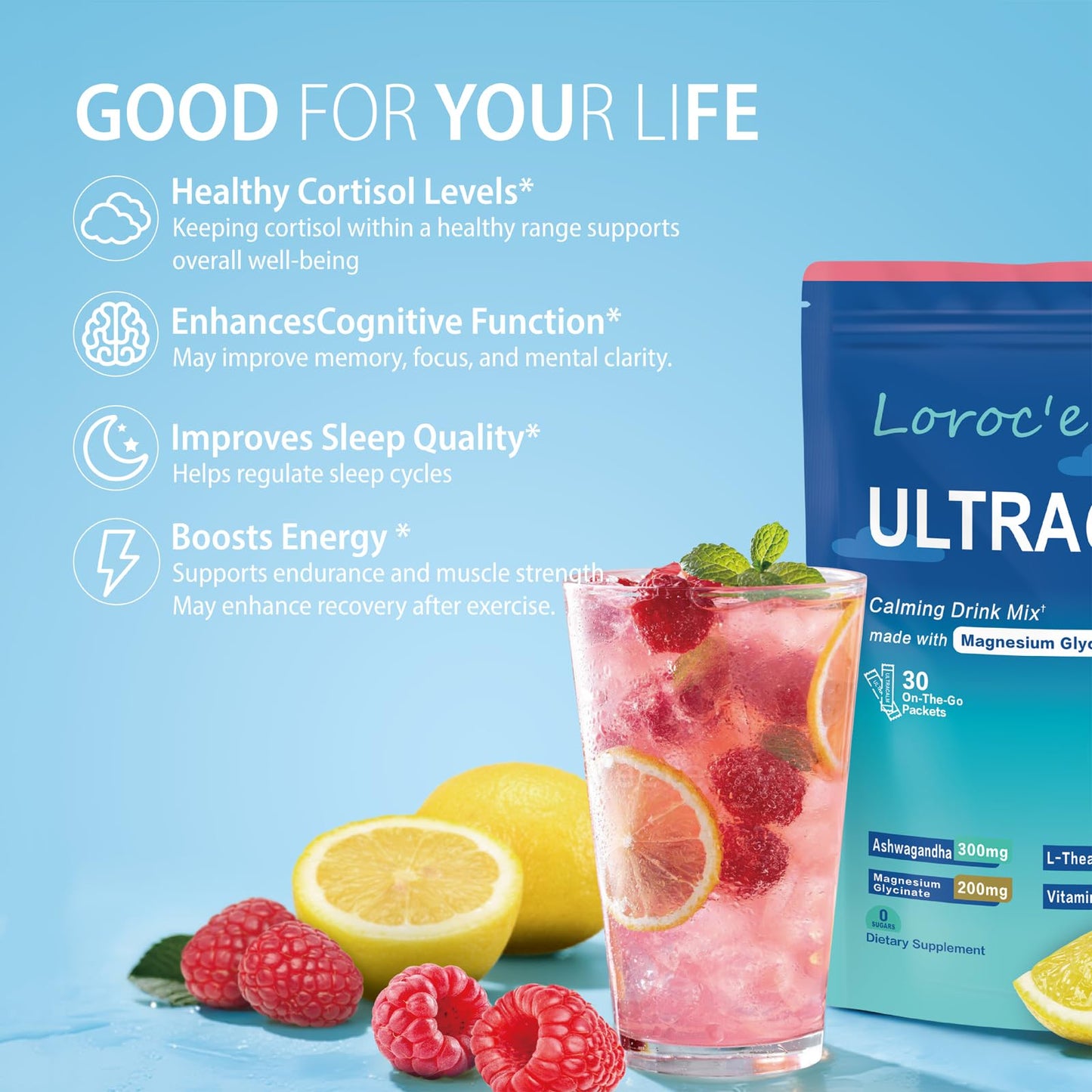Loroc'e UltraCalm Super Cortisol Drink Powder with Magnesium Glycinate, Ashwagandha, L-Theanine, Vitamin D3, Magnesium Powder for Sleep & Stress Relief, Raspberry Lemonade, 4.76 oz