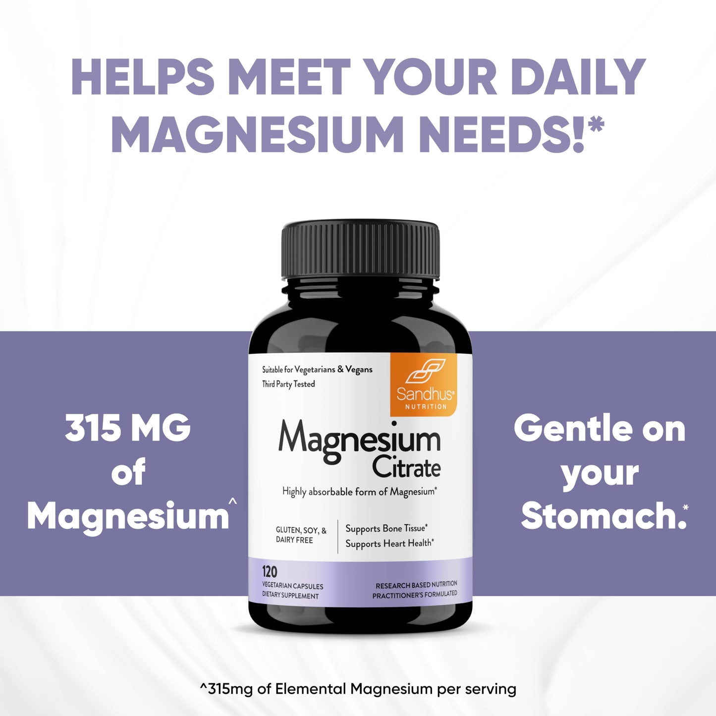Sandhu's Magnesium Citrate Highly Absorbable Gluten, Soy Diary Free No Fillers 120 Vegetarian Capsules