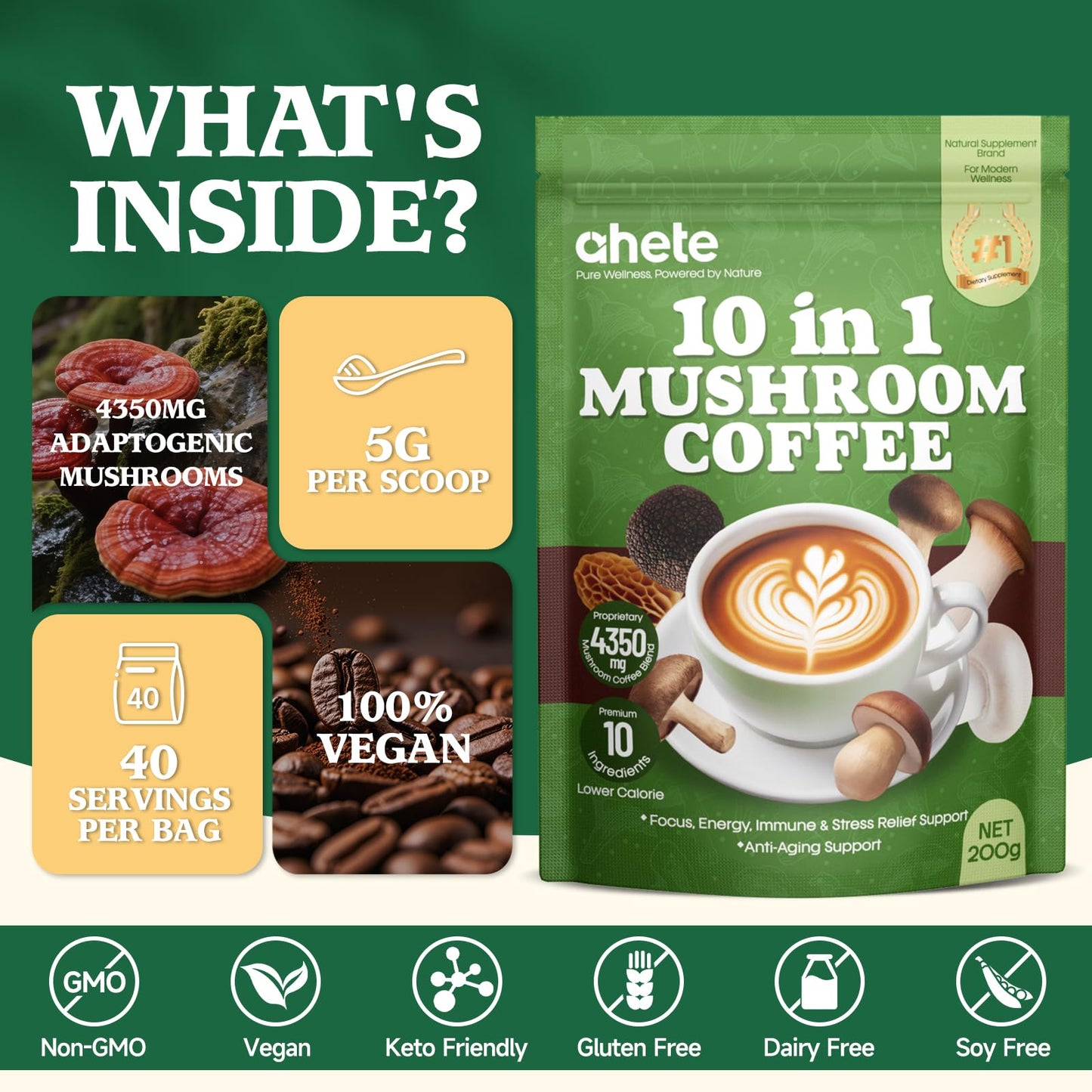 Ahete 10-in-1 Mushroom Coffee with Organic Arabica, Lion’s Mane, Chaga, Reishi & Cordyceps Powder 7.05 oz