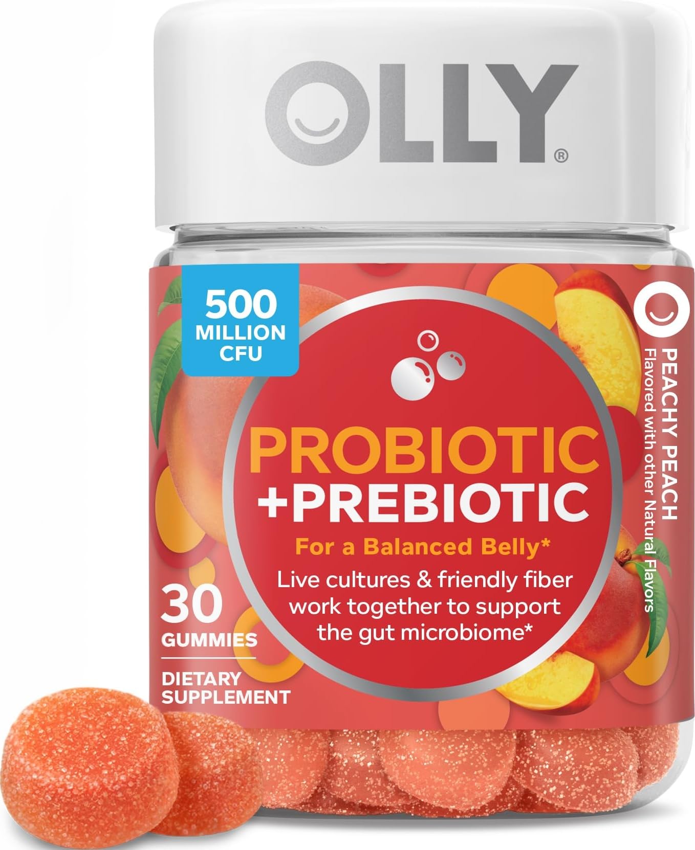 OLLY Probiotic + Prebiotic Gummy, 500 Million CFUs, Peachy Peach, 30 Count