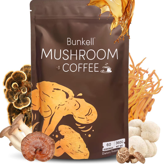 Bunkell Mushroom Coffee Instant Coffee Blend with 6 Adaptogenic Mushrooms Powder 12.7 Ounce
