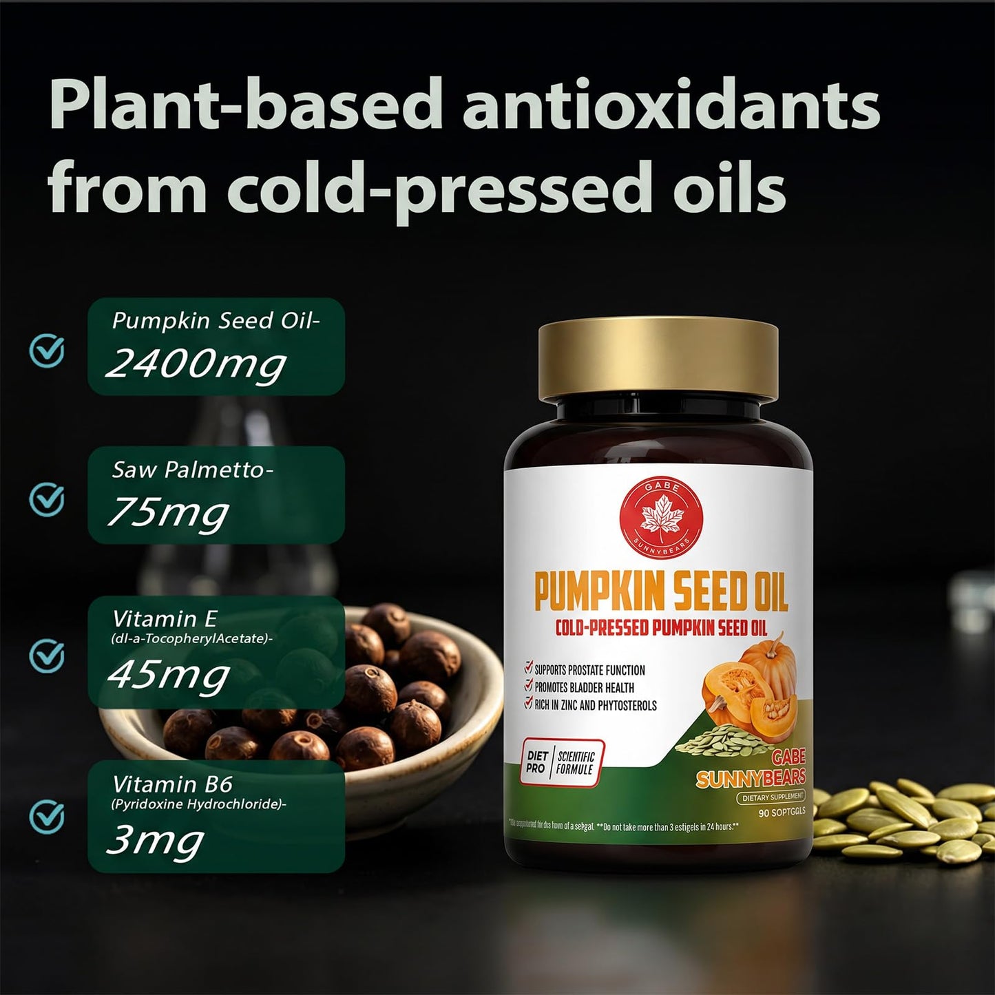 GABE SUNNYBEARS Pumpkin Seed Oil Capsules with Saw Palmetto 2400mg, 90 Softgels