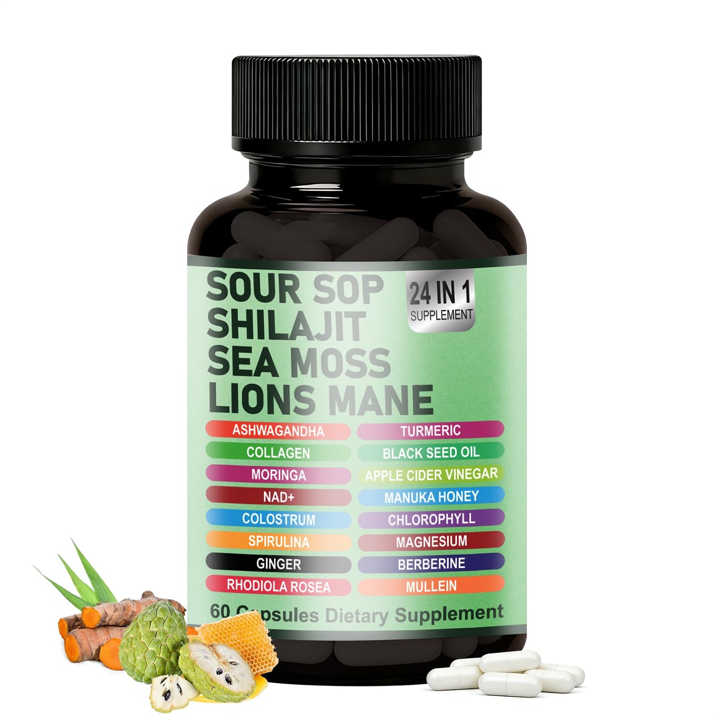 TENTOOL 24-in-1 Soursop Graviola Capsules with Sea Moss, Shilajit, Lions Mane, Immune Support, Energy, Gut Health, Vegan, 60 Capsules