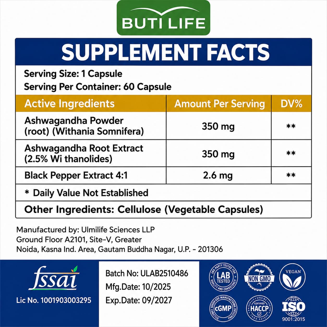 BUTI LIFE Ashwagandha 700mg Capsules 120 Count