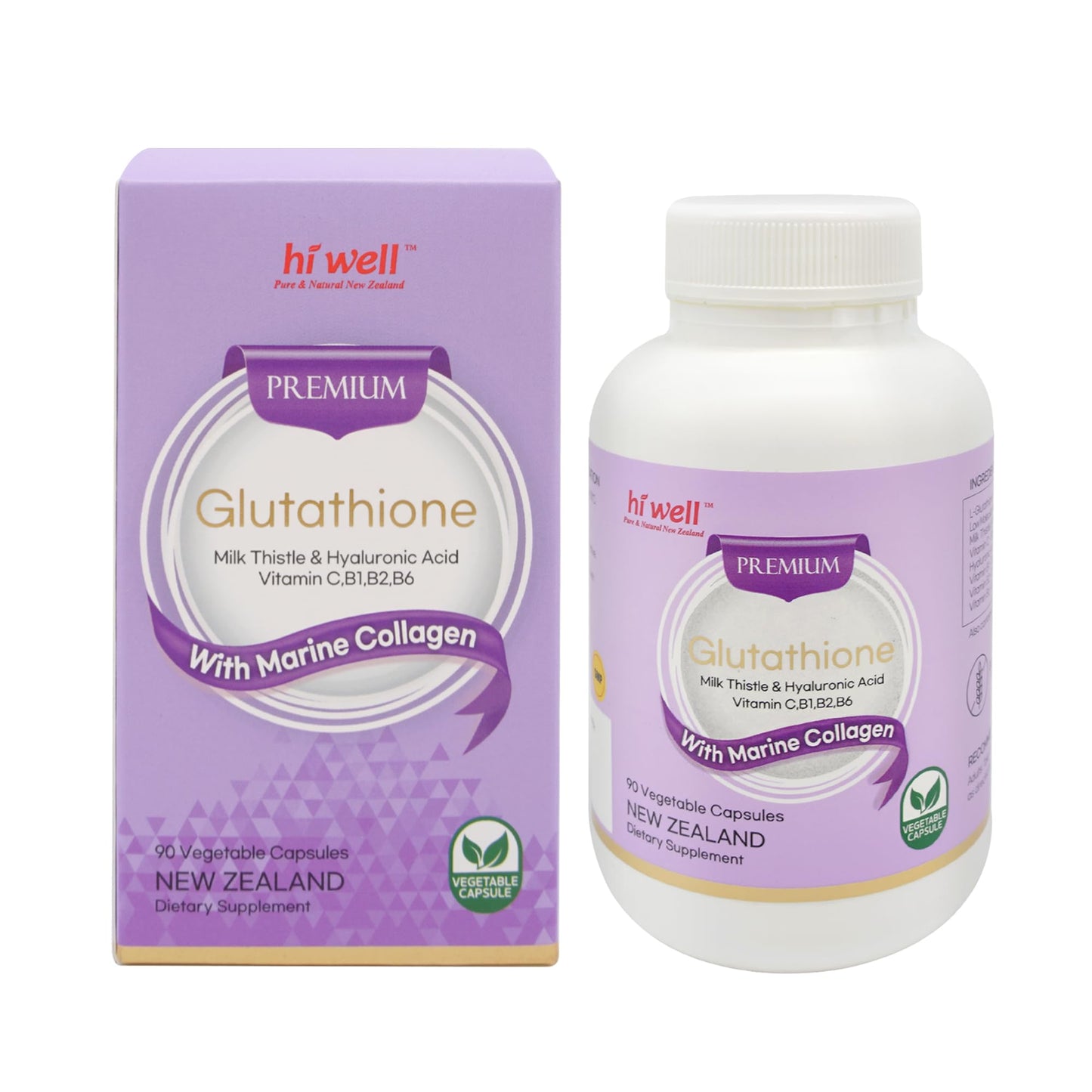 HI WELL PURE & NATURAL NEW ZEALAND Premium Glutathione with Marine Collagen Capsules 90 Count