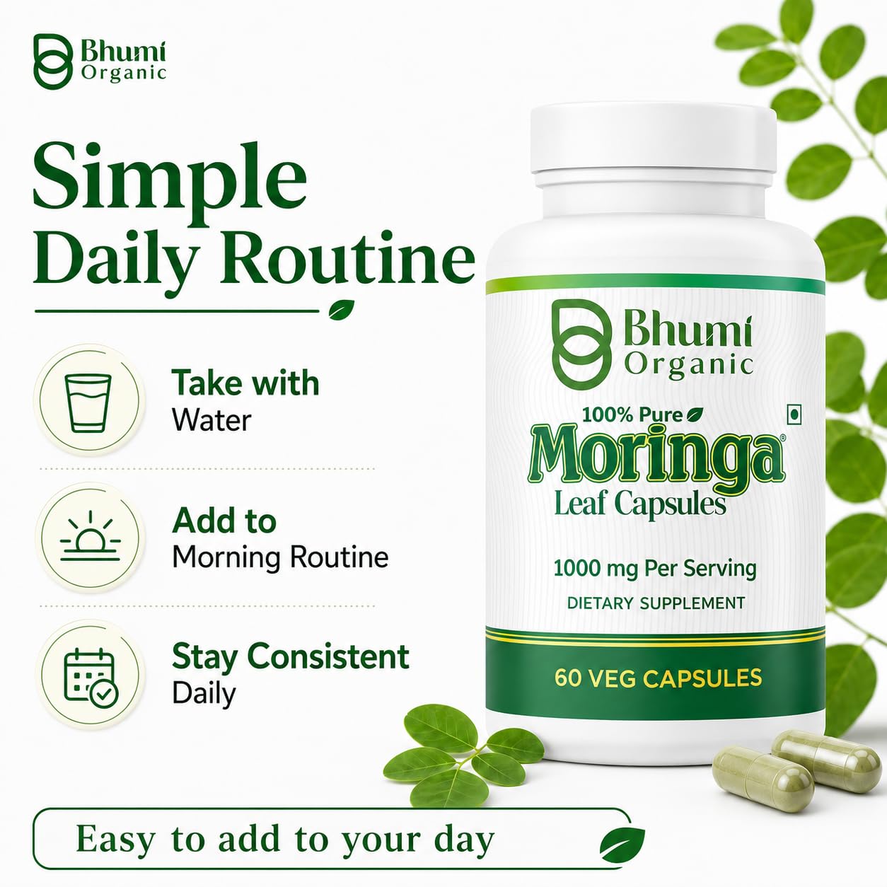 Bhumi Organic Moringa Powder Capsules 60 Count
