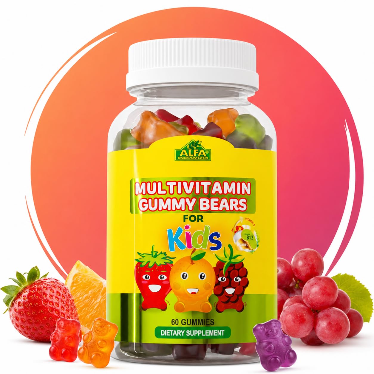 ALFA VITAMINS Multivitamin Gummy Bears for Kids with 13 Essential Nutrients Including Vitamin C, Vitamin D3, and Vitamin B12, 1 Count