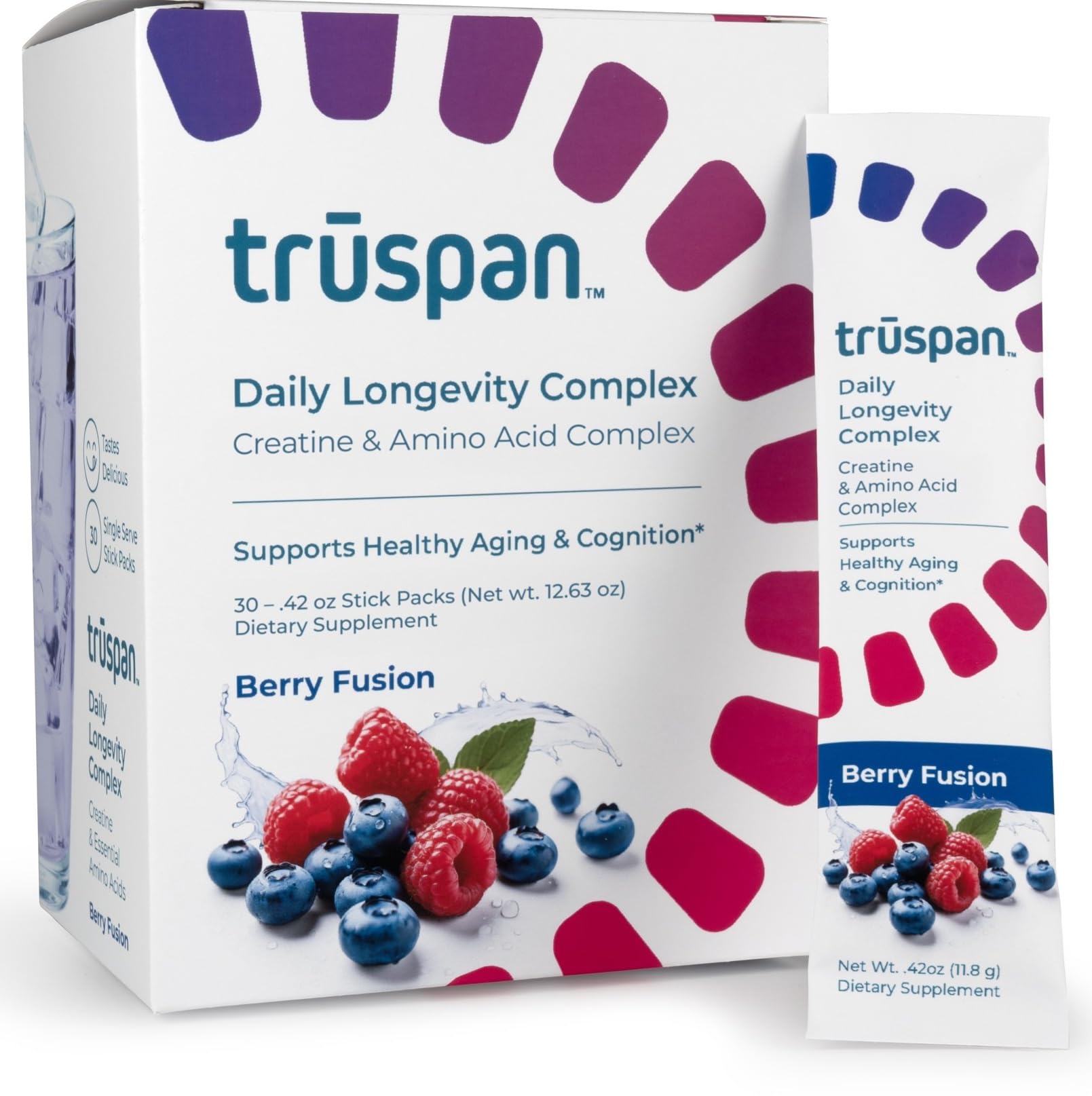TRŪSPAN Creatine Powder Sticks with Amino Acids & Vitamins, Berry Fusion Flavor, 30 Pack