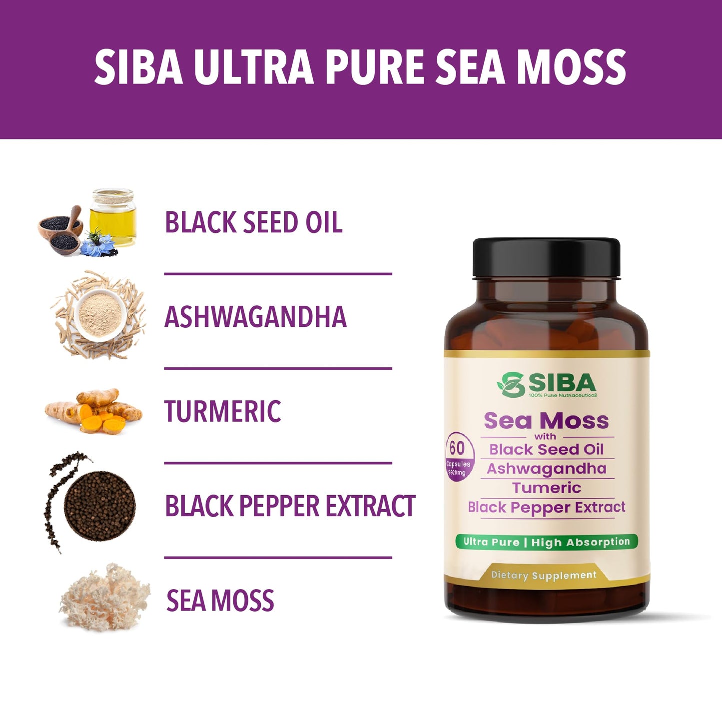 Siba Nutraceutical LLC Ultra Pure Sea Moss Blend Capsules 120 Count