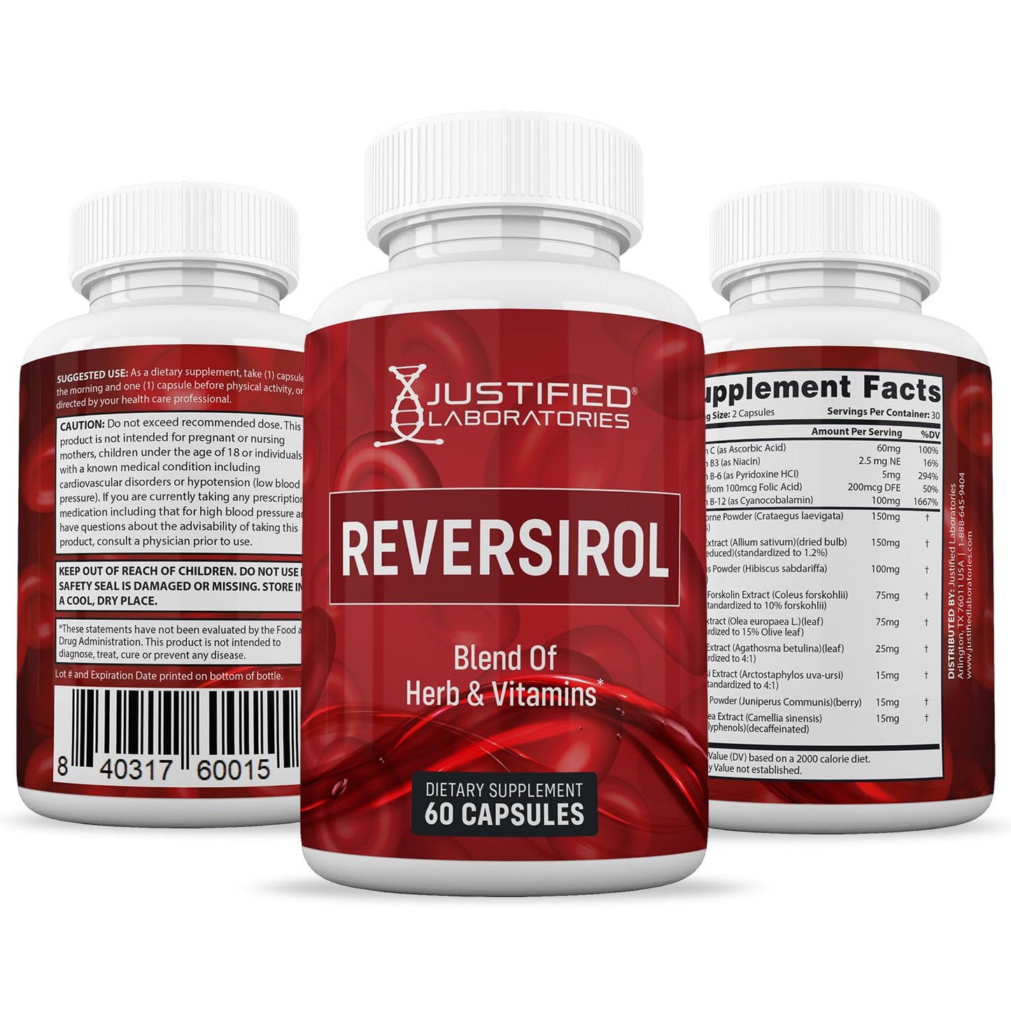 Justified Laboratories Reversirol Advanced Formula 620mg Formula Supplement Capsule, 60 Capsules