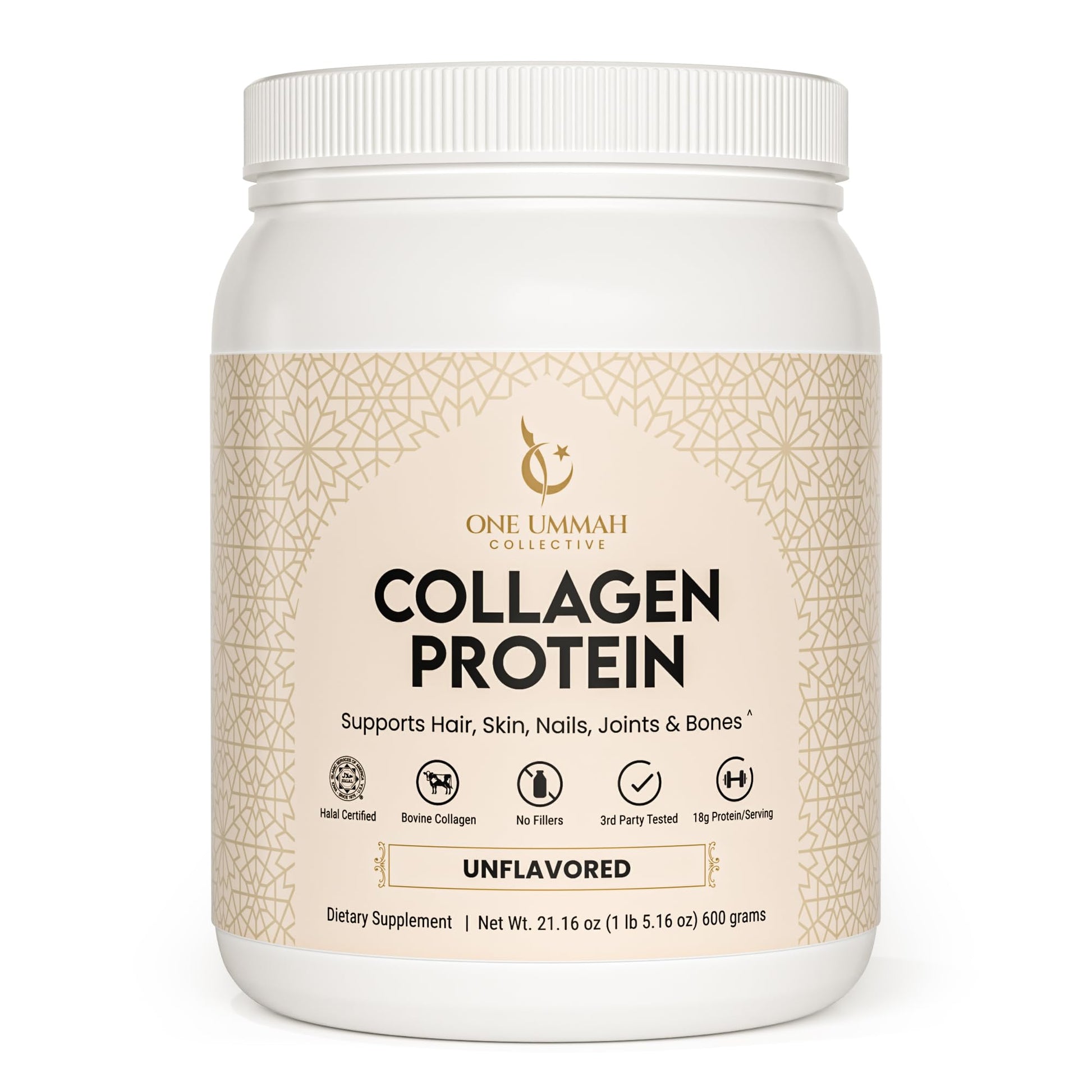 One Ummah Zabiha Halal Certified Collagen Peptides Protein Powder – Hydrolyzed Bovine Collagen Type I & III – 18g Protein per Serving – Skin, Hair, Nails & Joint Support – Unflavored, 21.16 oz