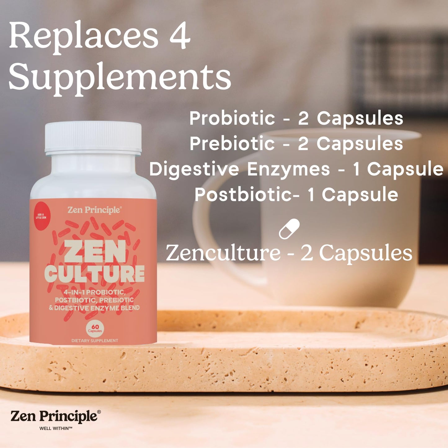 Zen Principle Zenculture 4-in-1 Synbiotic Supplement with CoreBiome Capsule, 120 Capsules