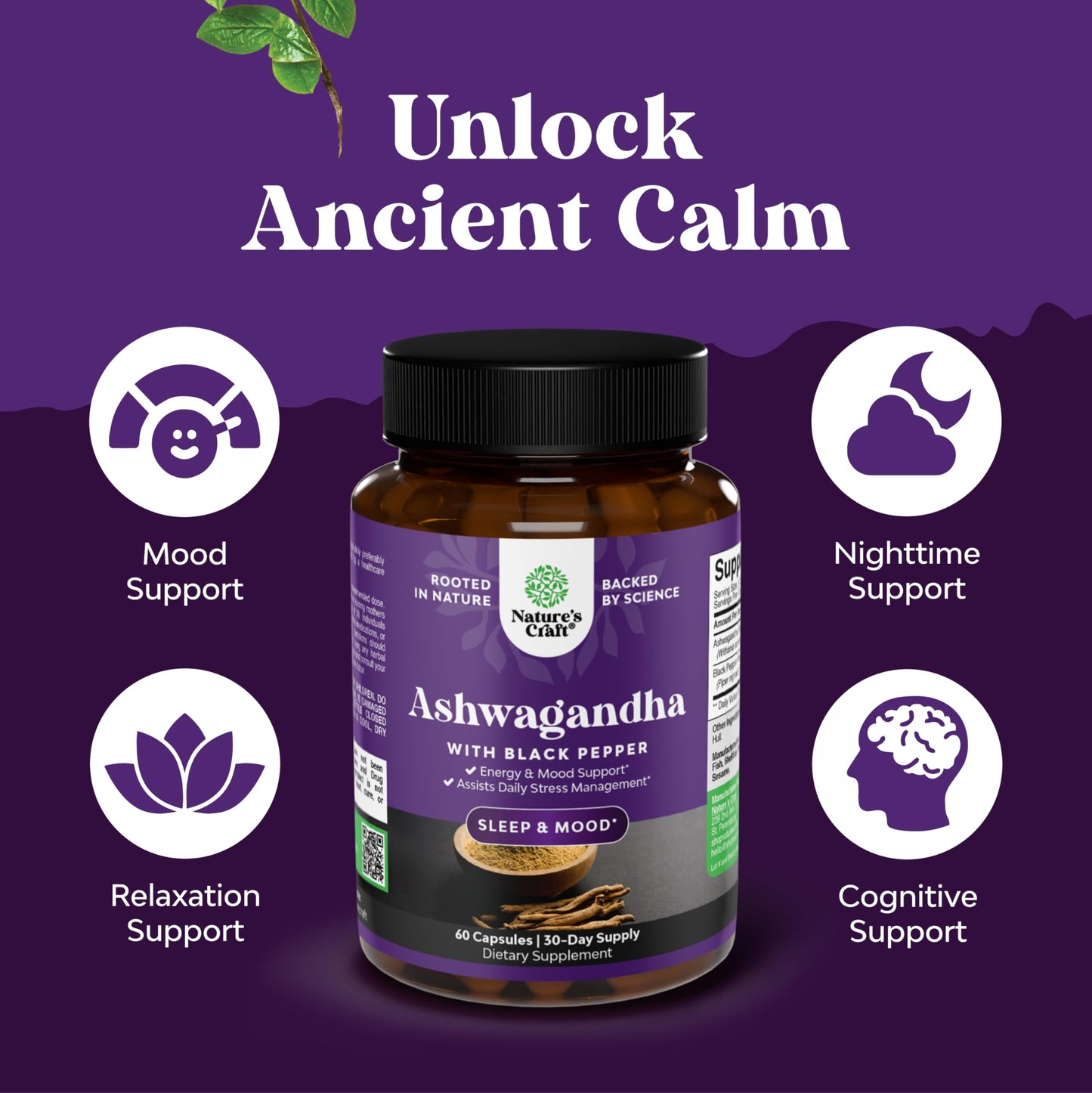 Natures Craft Ashwagandha Root Powder 1300 mg Capsules, 60 Count