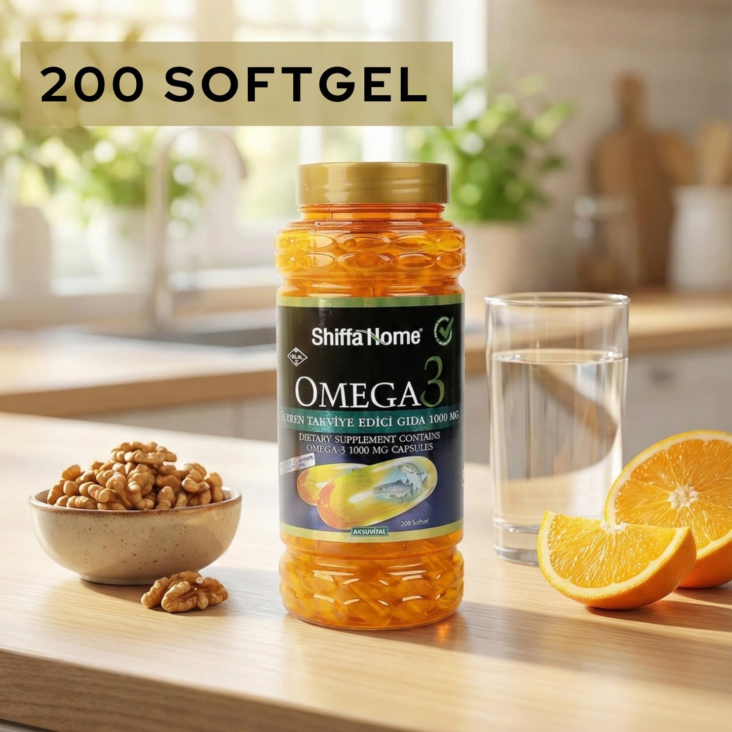 shiffahome Omega-3 Fish Oil 1000 mg Capsule, 200 Count