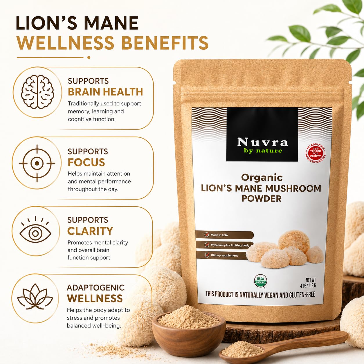 Nuvra by Nature Lion’s Mane Mushroom Powder, 4 oz, 1 Count
