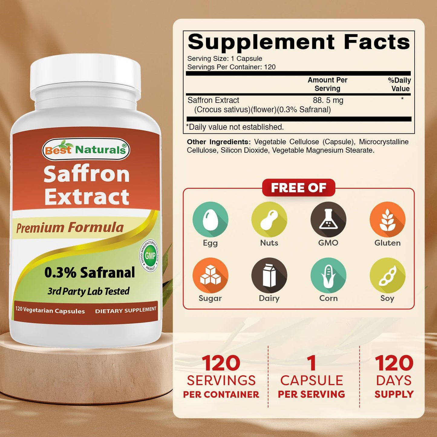 Best Naturals Saffron Extract 88.5 mg - 0.3% Safranal, 120 Capsules