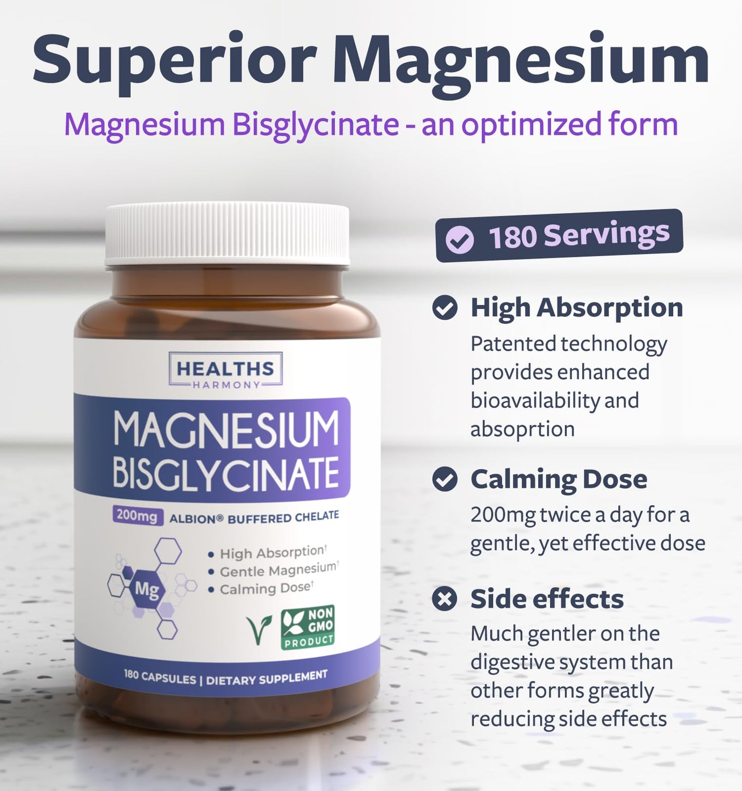 Healths Harmony Magnesium Bisglycinate Capsule 200mg, 180 Capsules