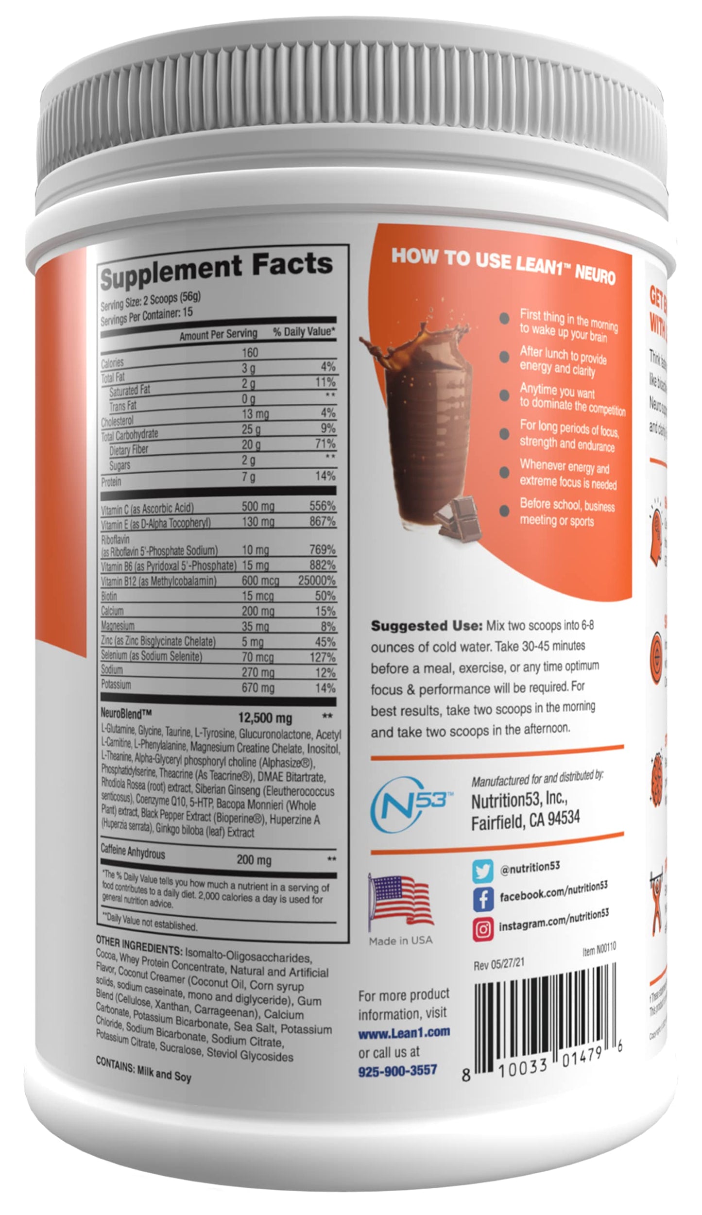 LEAN1 Neuro Chocolate, Mental Energy Drink Powder, 29.6
