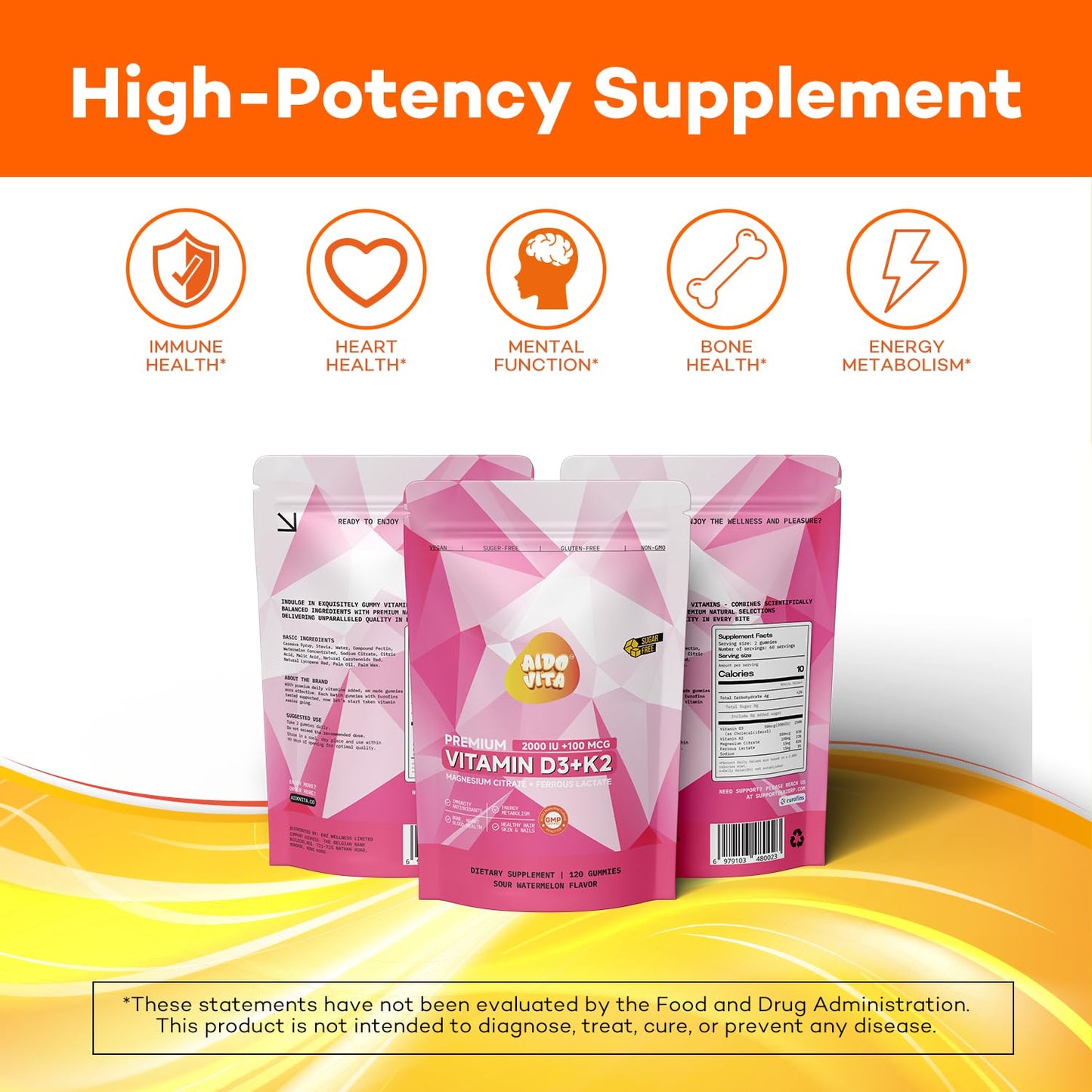 AIDO VITA Premium Vitamin D3 + K2 Gummies with Iron & Magnesium - Sour Watermelon Flavor - Immune, Bone & Heart Support - Vegan, Pectin-Based, Gluten-Free 120 Gummies