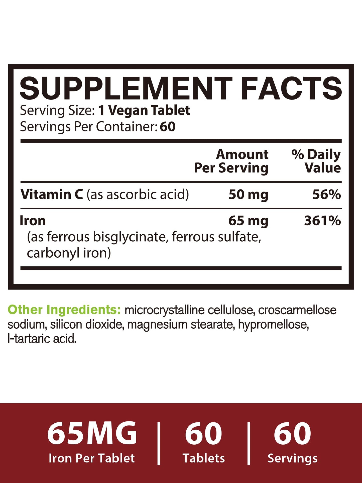 Vitacook Iron Supplement for Women & Men, 3-in-1 65mg Iron Pills (Bisglycinate, Sulfate, Carbonyl Iron) with Vitamin C, Enhanced Absorption, 60 Tablets