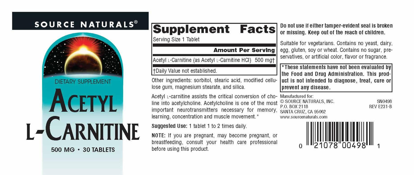 Source Naturals Acetyl L-Carnitine 500mg 30 Tablets