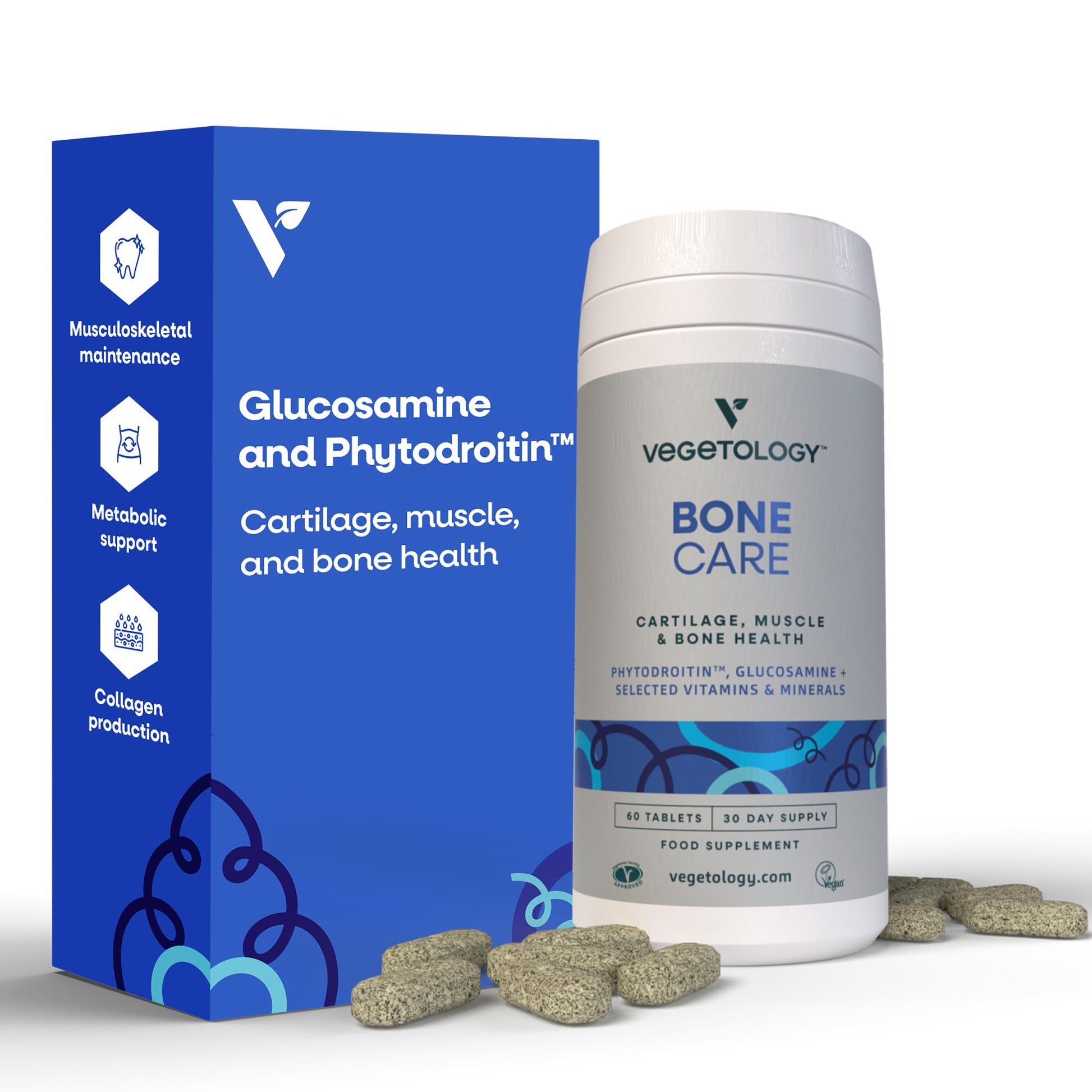 VEGETOLOGY Bone Care Bone Health Supplements - Phytodroitin, Glucosamine, Vitamin D3 K2 & Calcium Supplement – Cartilage, Muscle & Joint Support – Vegan Bone Strength, 60 Tablets