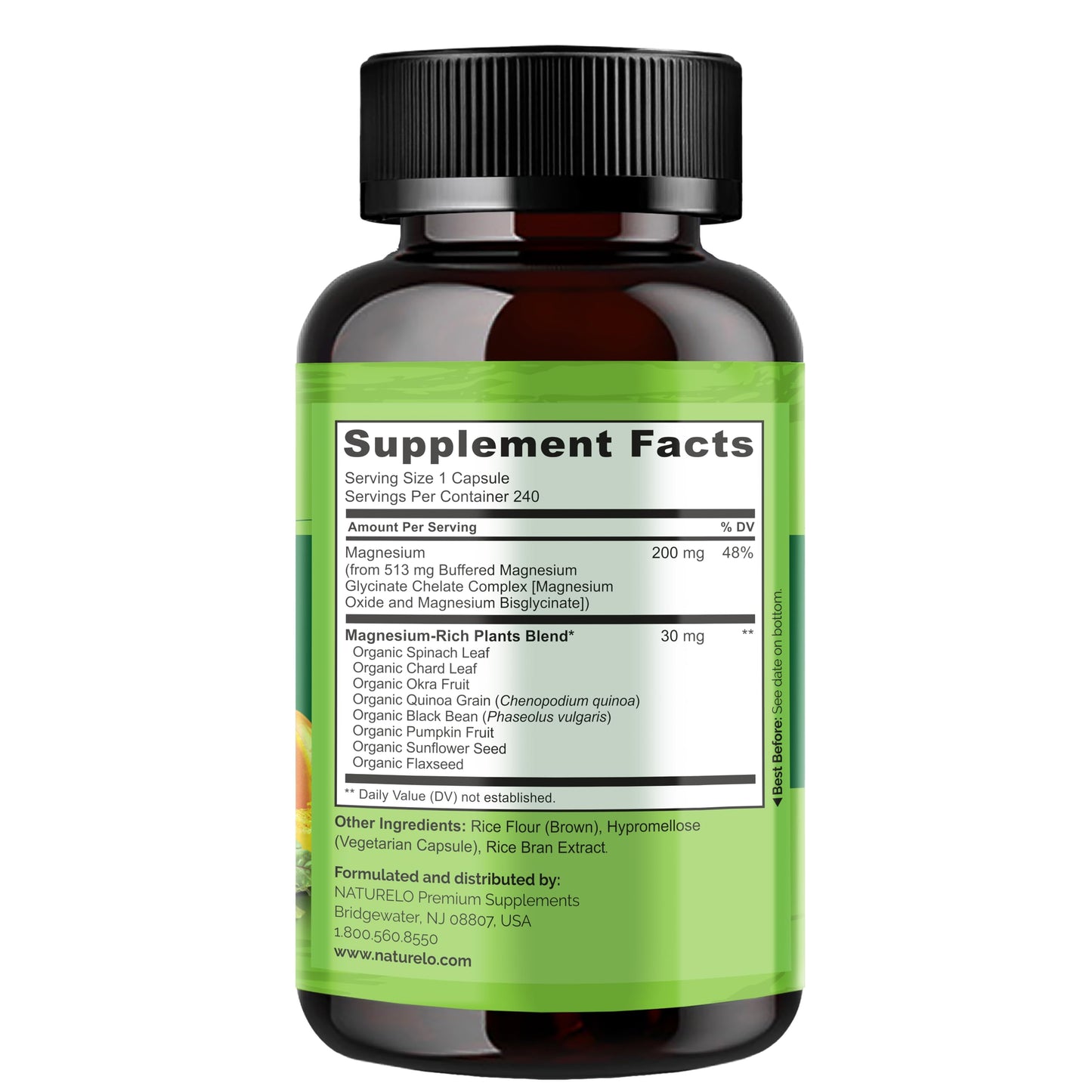 NATURELO Magnesium Glycinate Chelate Complex 200 mg Magnesium Capsules, 240 Count
