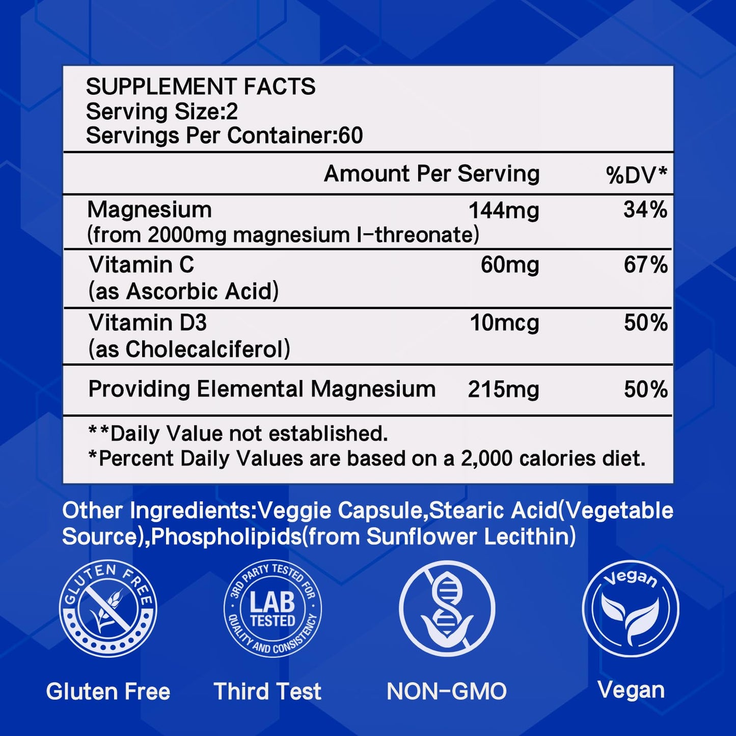ERDGXI Magnesium L-threonate with Vitamin C & D3 Capsule, 120 Count