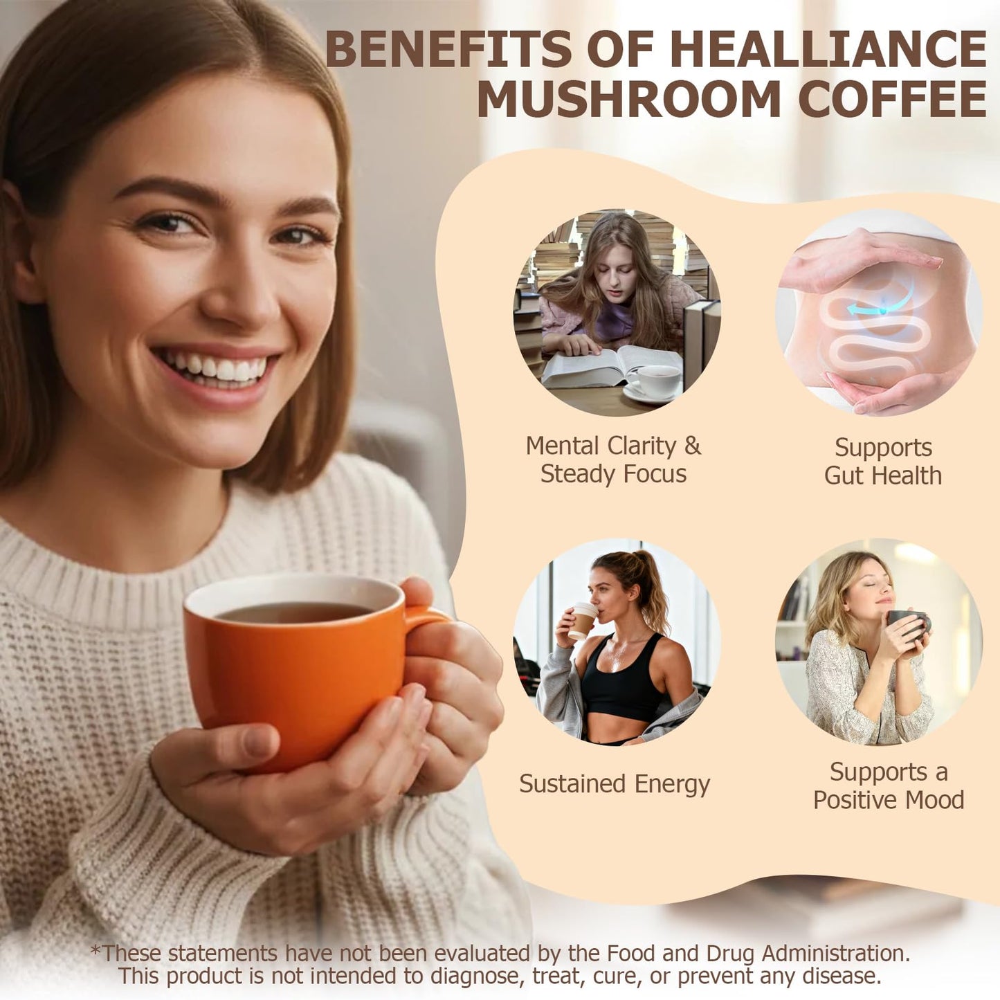 Healliance Organic Instant Mushroom Coffee Powder – Lion’s Mane Adaptogenic Blend, 4.23 oz