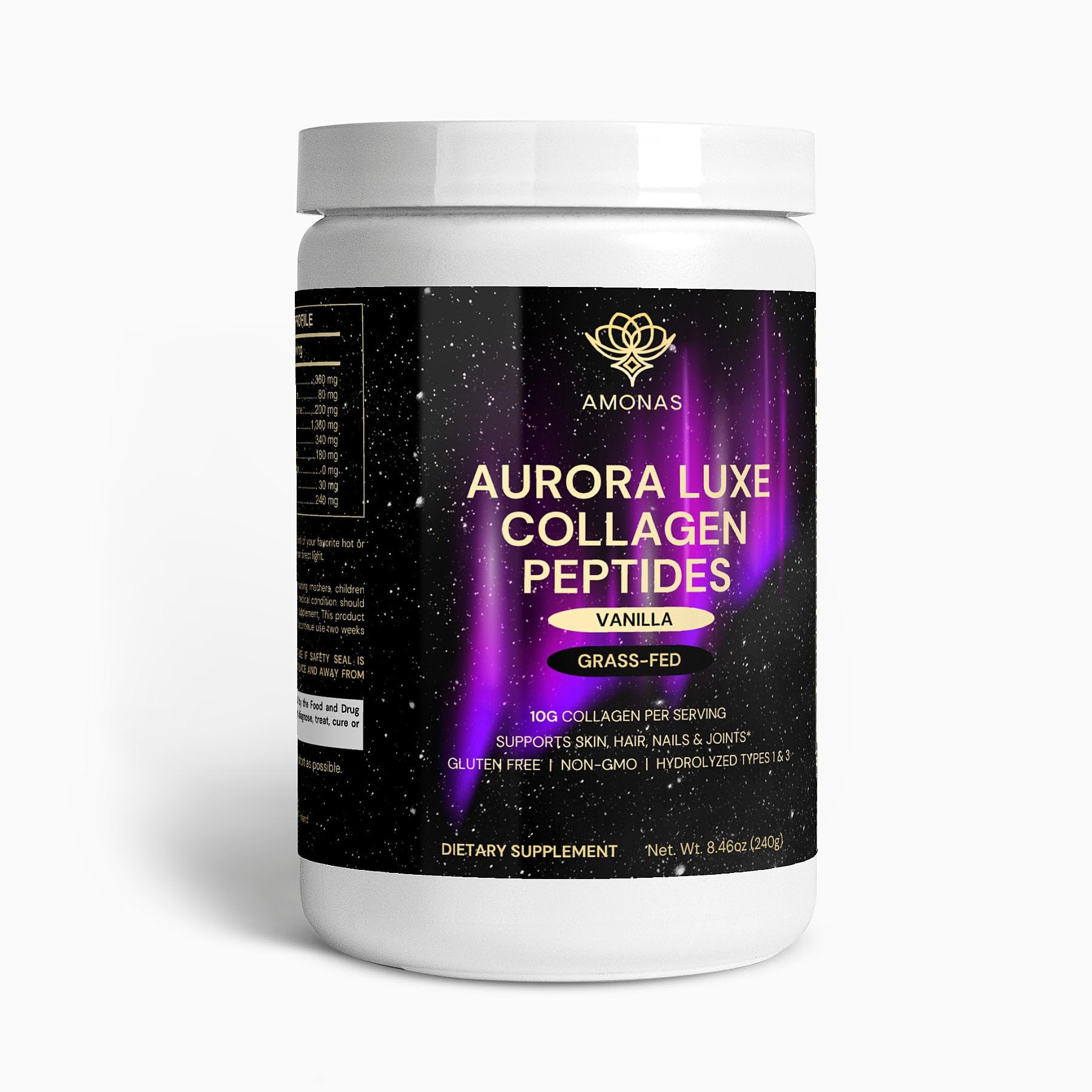 Amonas Aurora Luxe Collagen Peptides Powder Vanilla - Grass-Fed Bovine Collagen, Type I & III, Stevia-Sweetened, Non-GMO, 8.46 oz