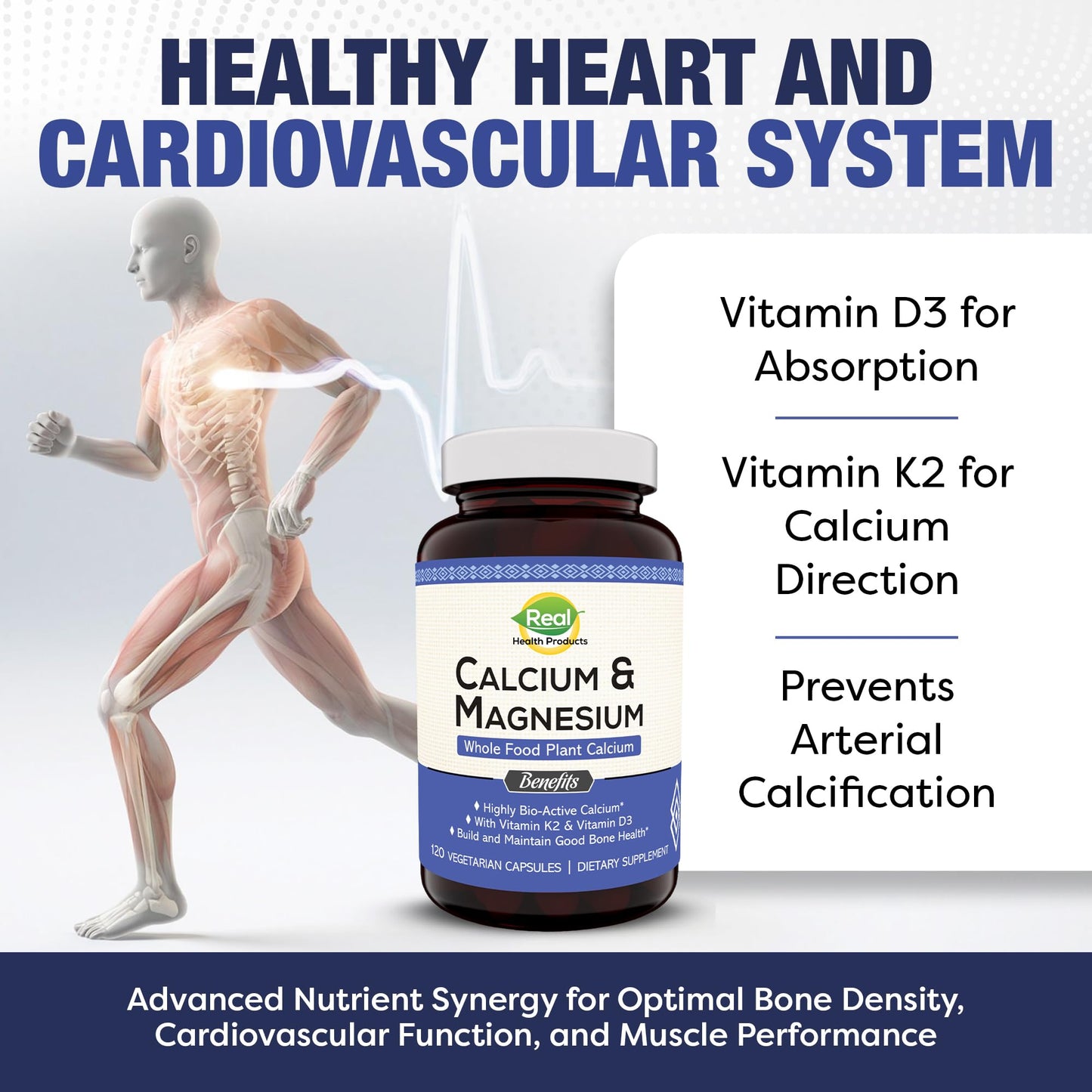 RHP Plant Calcium & Magnesium Supplement with Boron, Vitamin D3 & K2 MK-7 - Optimal Calcium-Magnesium Ratio for Bone Strength and Health, 120 Capsules