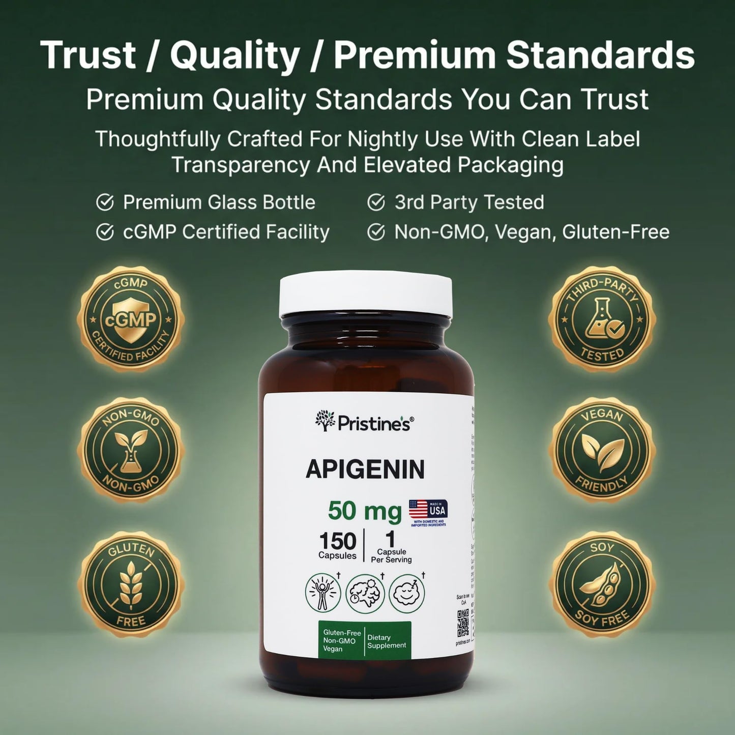 PRISTINE'S Apigenin Supplement for Sleep 50mg Capsule, 150 Count