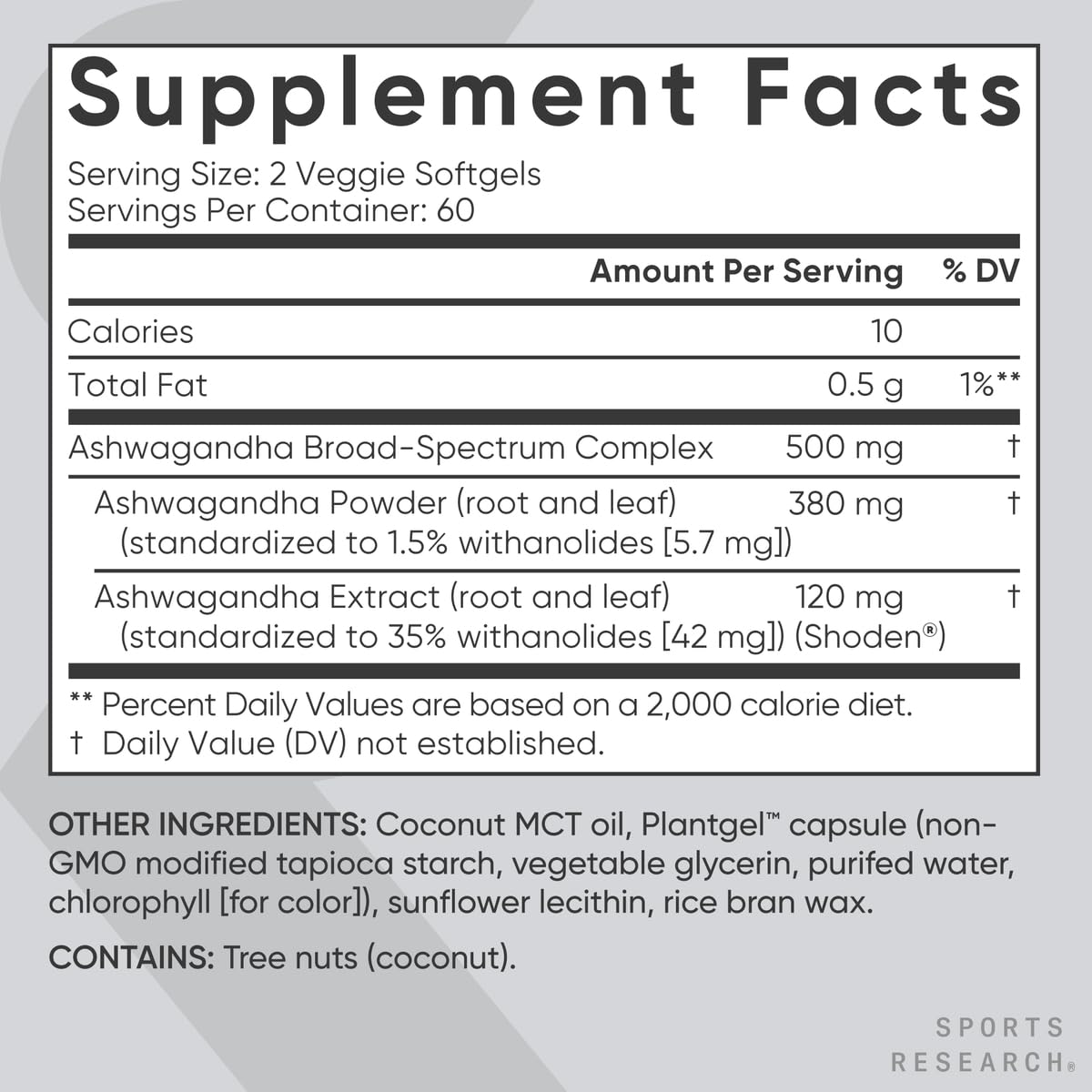 Sports Research Ashwagandha Softgels with Coconut MCT Oil - 120 Count