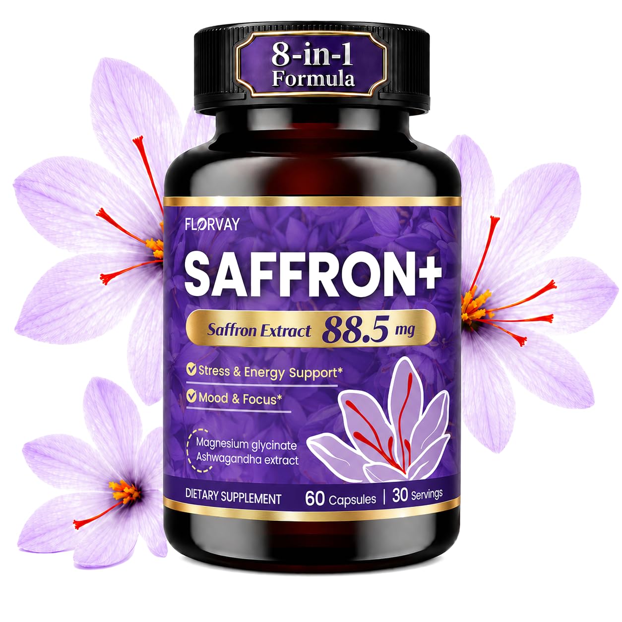 Florvay Saffron Extract 88.5mg Capsules, 60 Count – with Ashwagandha, L-Theanine & Magnesium – Supports Mood & Daily Energy
