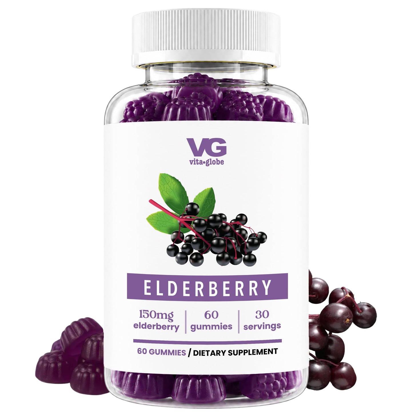 VITA GLOBE Elderberry Gummies with Vitamin C, Zinc, Immune Support Vegan, 60 Gummies