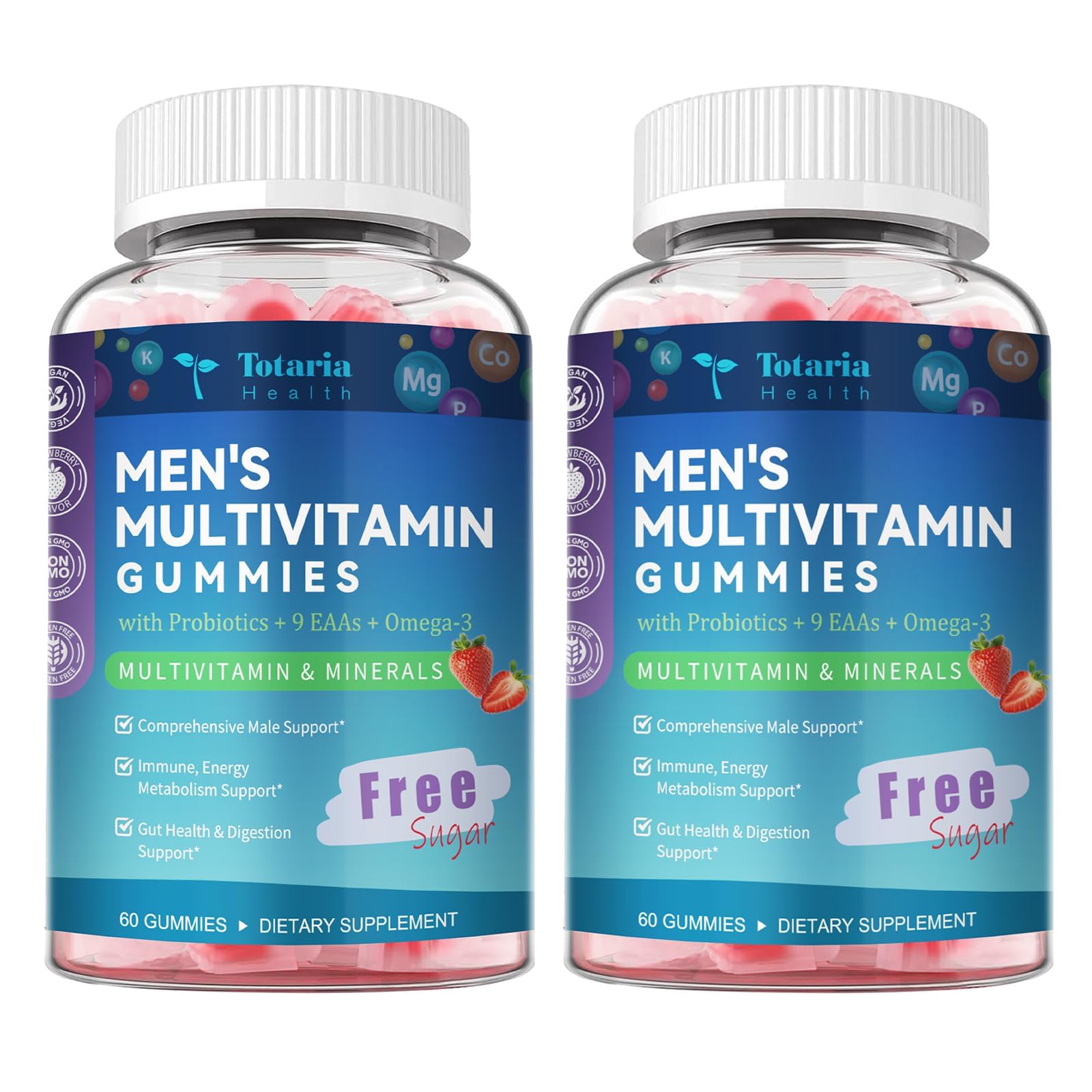 Totaria Sugar Free Men's Multivitamin Gummies with Omega-3, Probiotics, Methylated B Complex, BCAA, Lycopene, Zinc, 120-Count